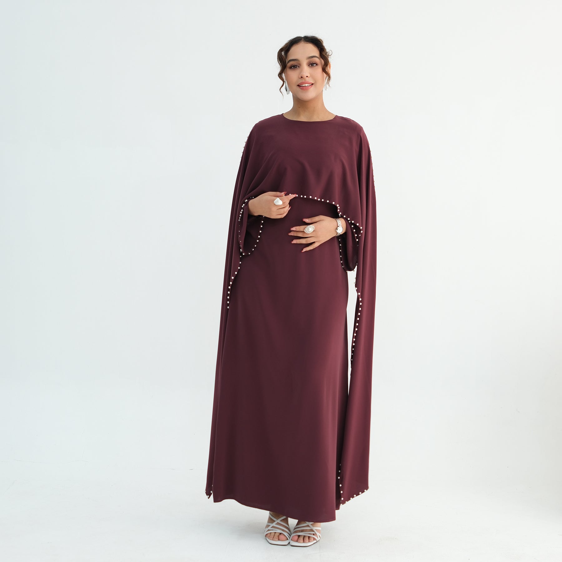 Loriya Plus Size New Long-Sleeve Beaded Dress LR1163