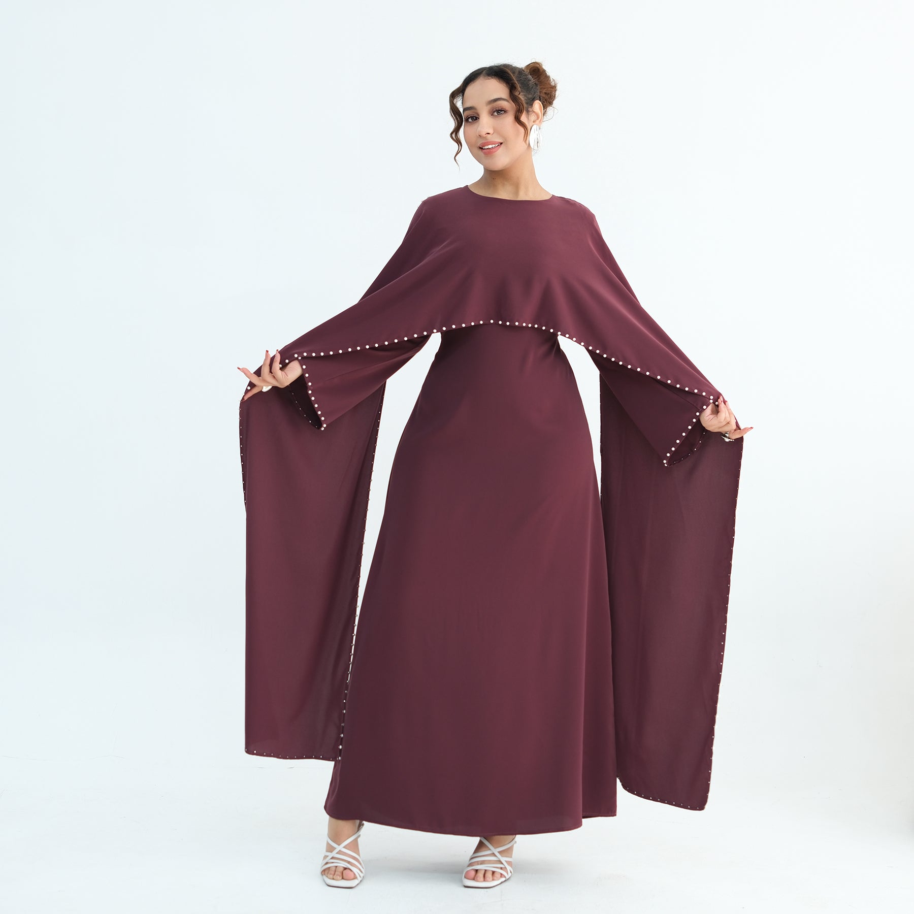 Loriya Plus Size New Long-Sleeve Beaded Dress LR1163