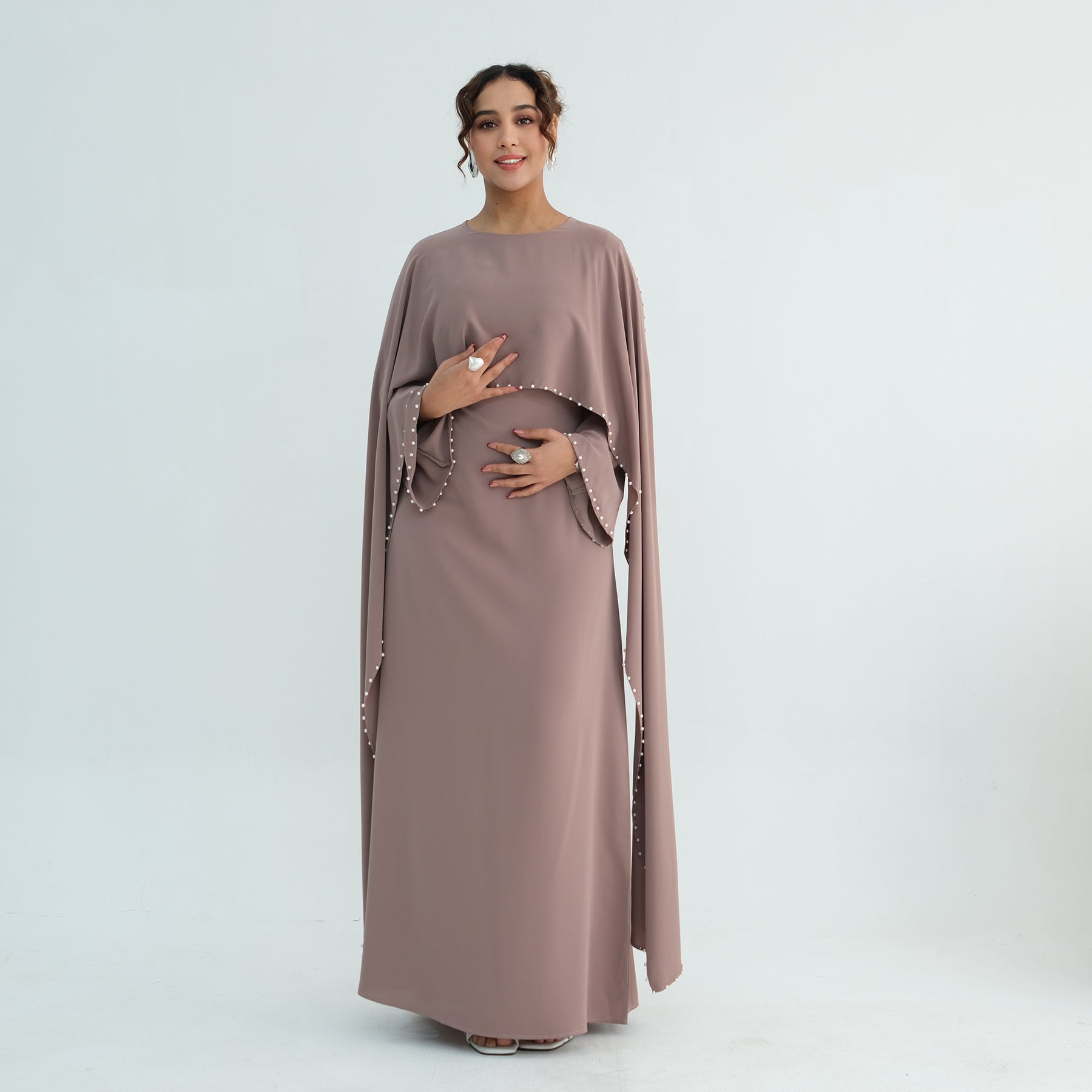 Loriya Plus Size New Long-Sleeve Beaded Dress LR1163