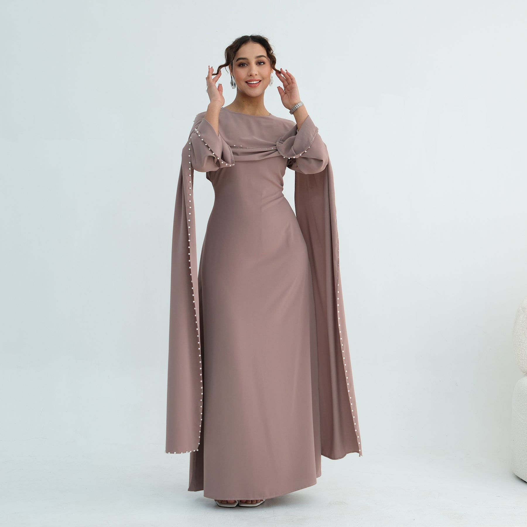 Loriya Plus Size New Long-Sleeve Beaded Dress LR1163