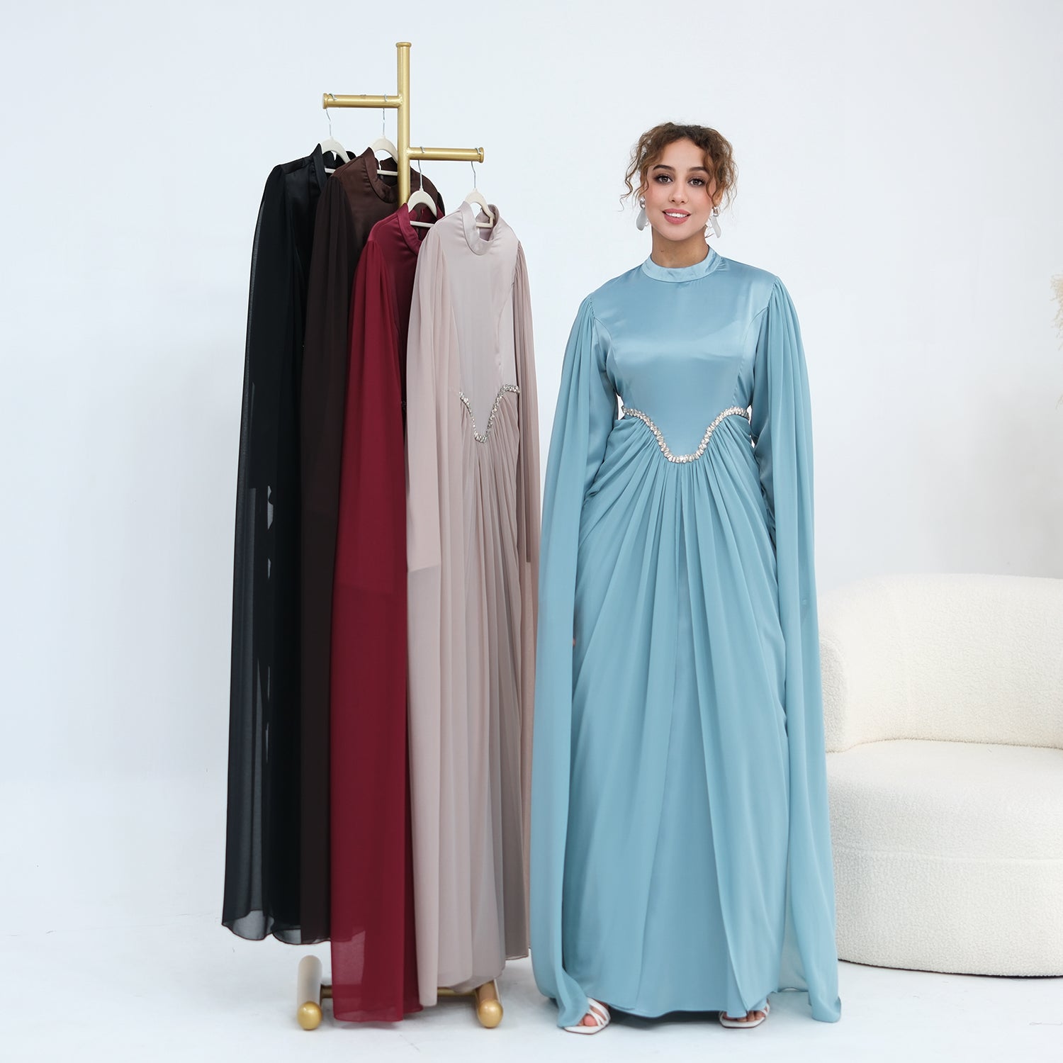 Long-sleeved dress with small high collar and diamond embellishment LR1168