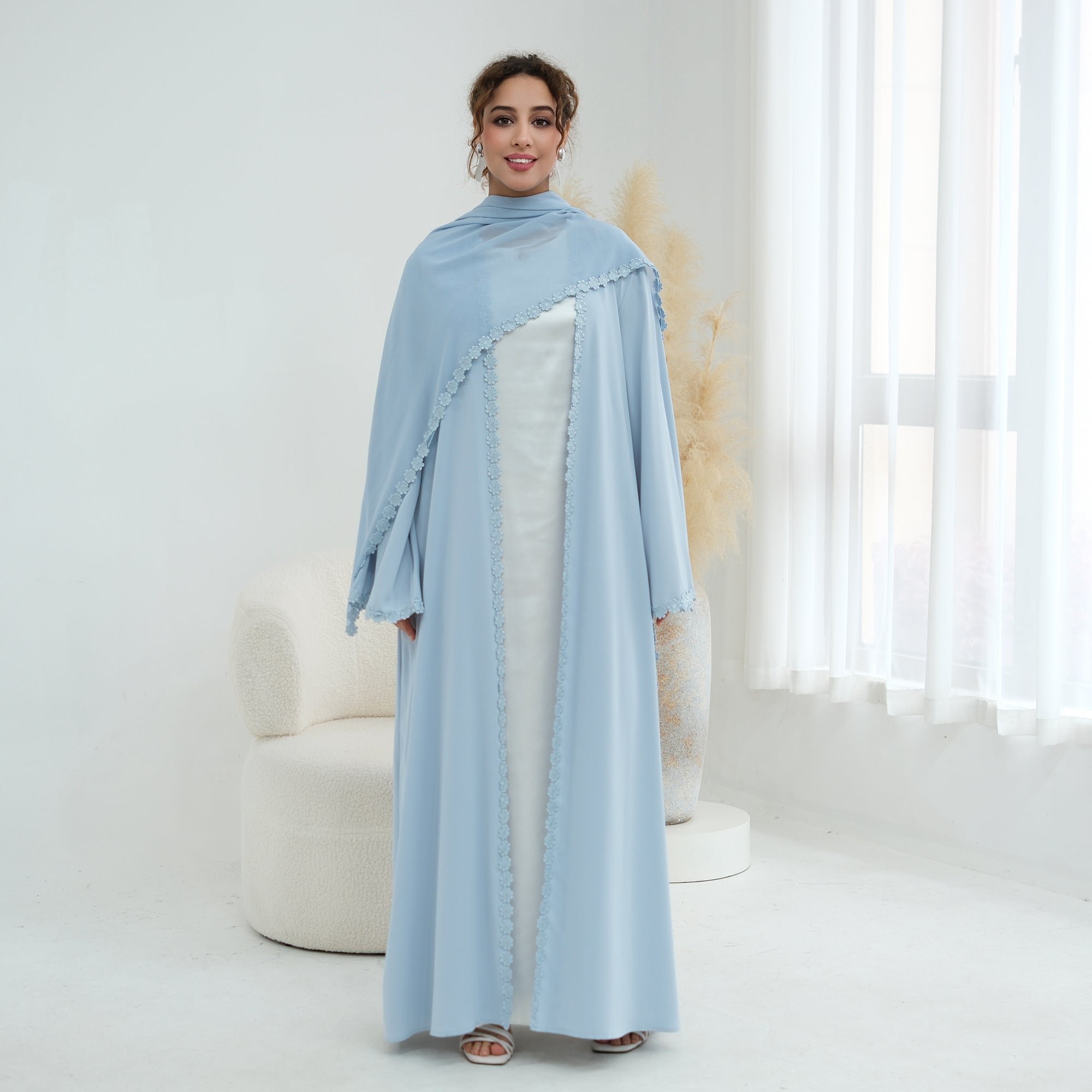 Solid-colored large-size lace-spliced cardigan + scarf two-piece set LR1173