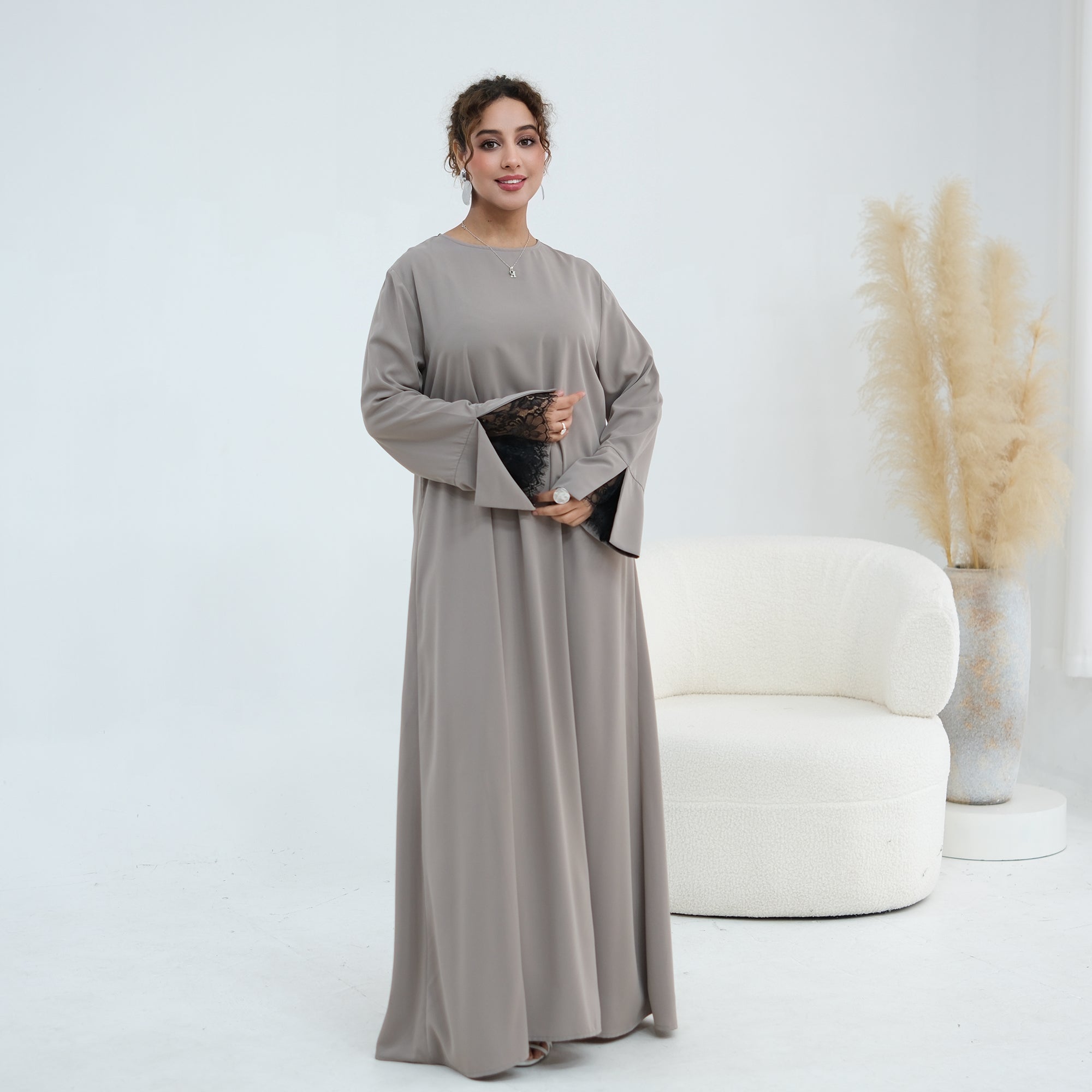 Long-sleeved lace-spliced large-size loose dress + headscarf two-piece set LR1175