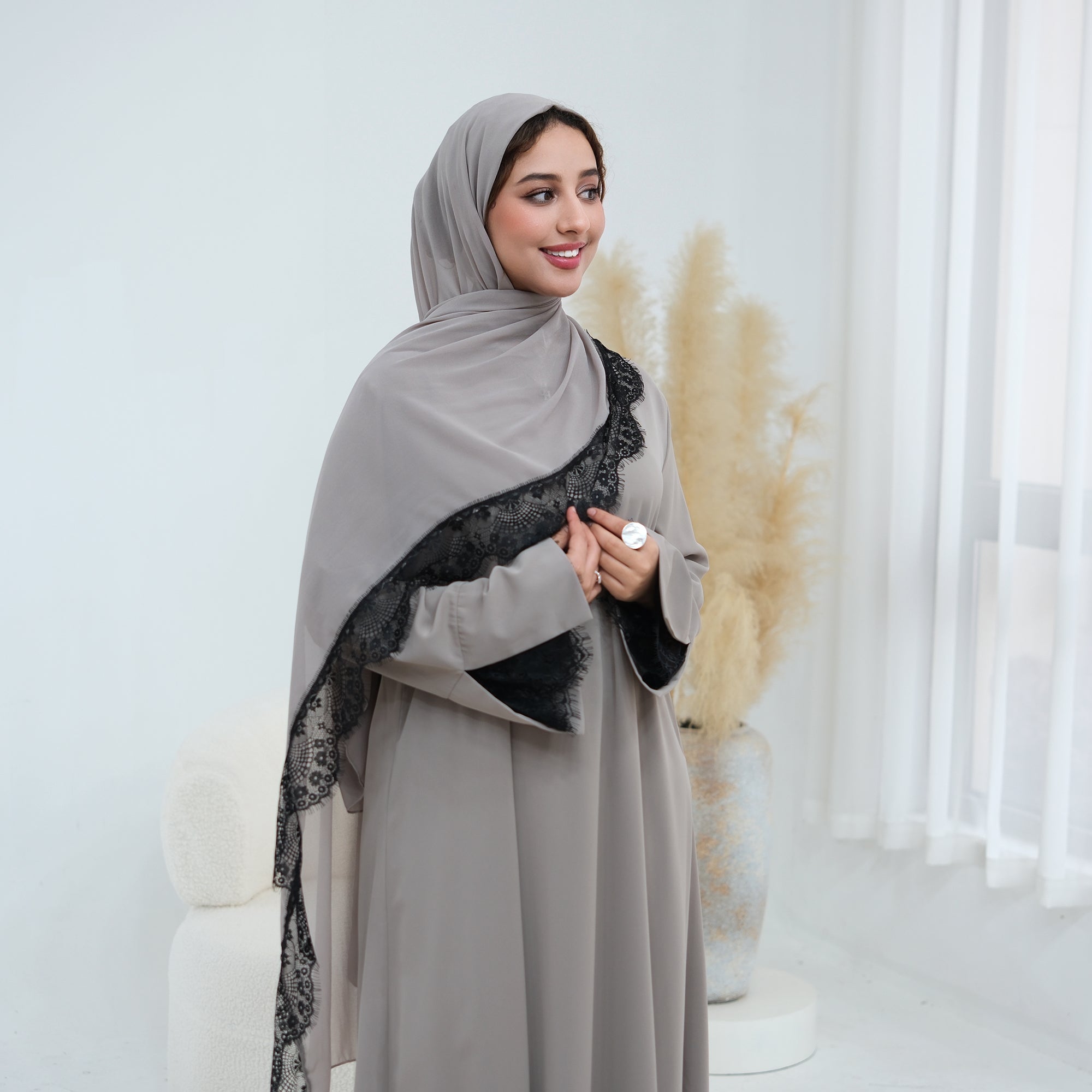Long-sleeved lace-spliced large-size loose dress + headscarf two-piece set LR1175