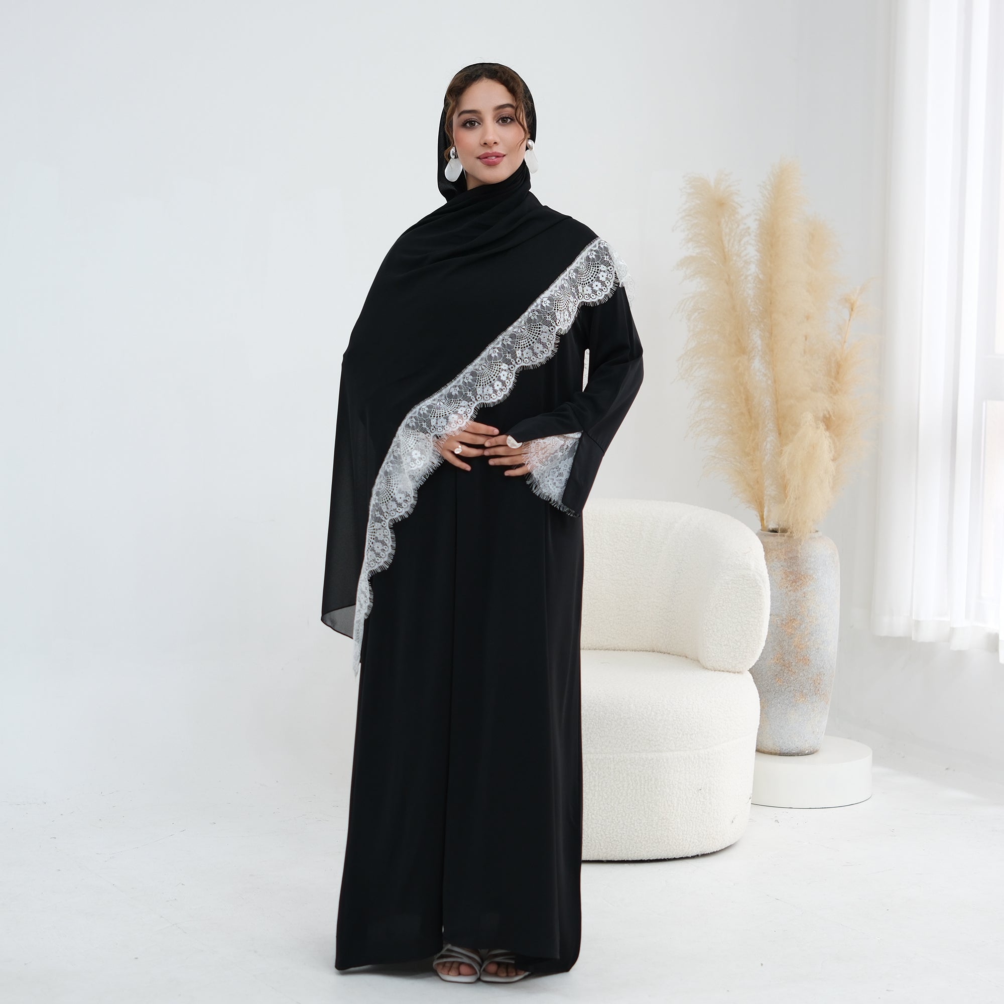 Long-sleeved lace-spliced large-size loose dress + headscarf two-piece set LR1175