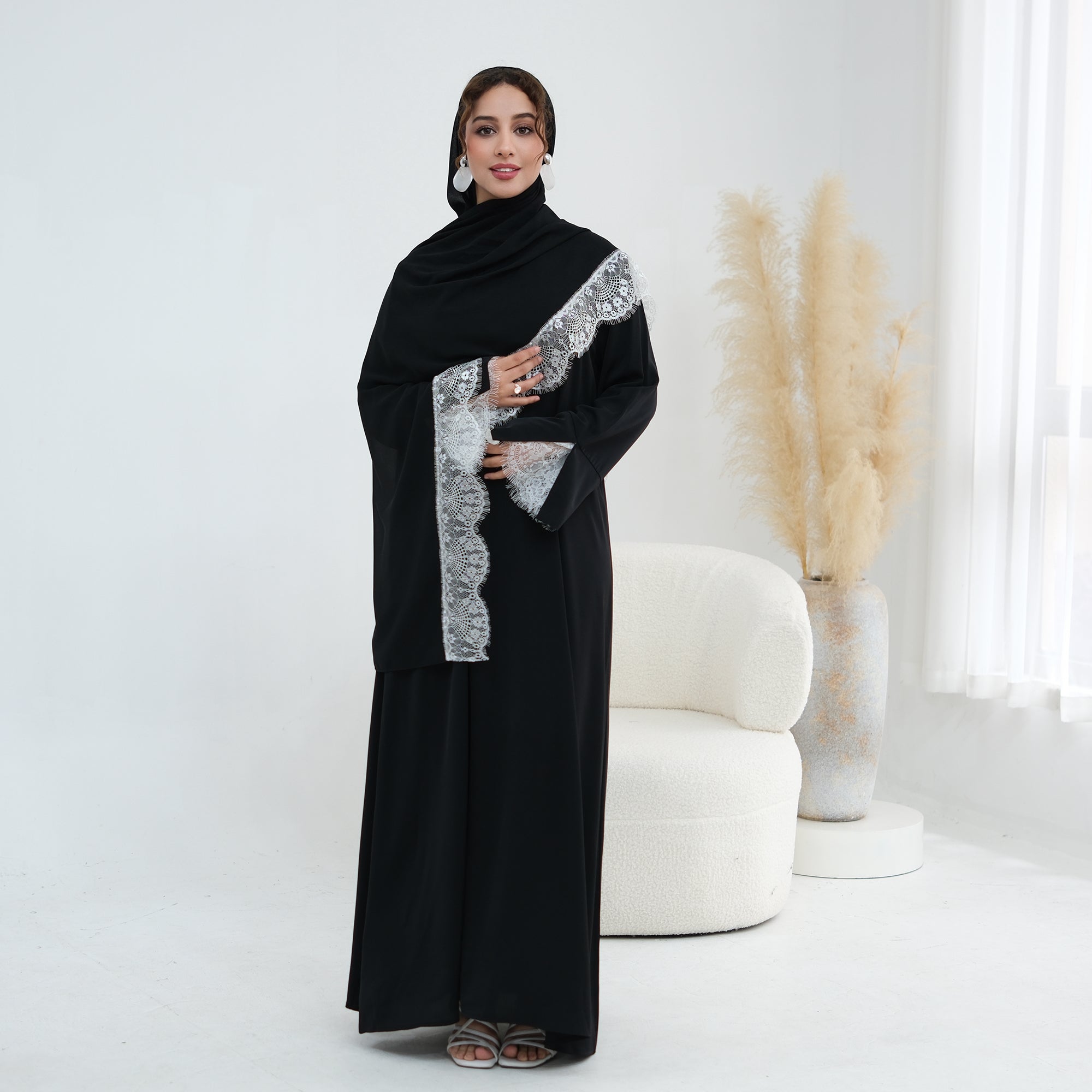 Long-sleeved lace-spliced large-size loose dress + headscarf two-piece set LR1175