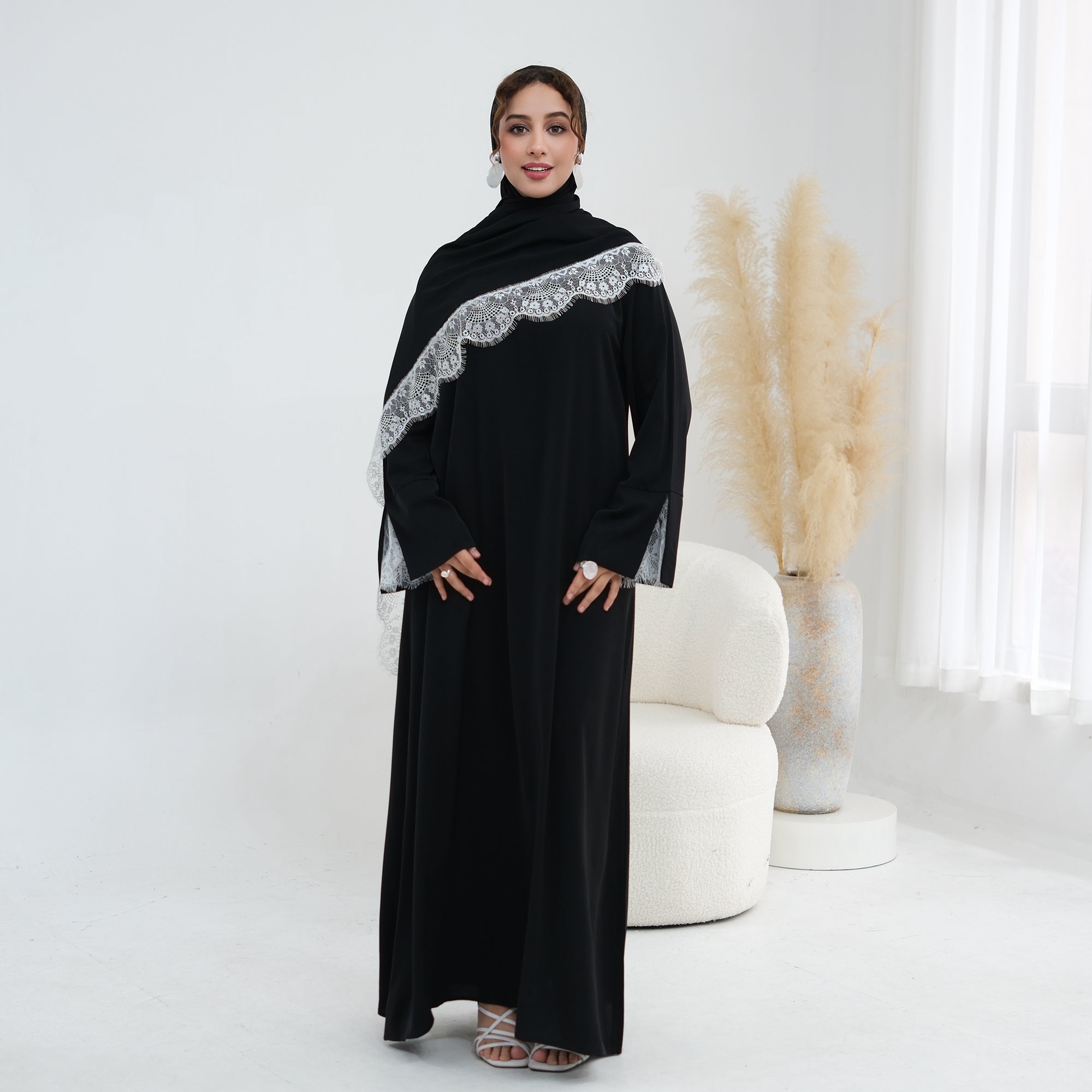 Long-sleeved lace-spliced large-size loose dress + headscarf two-piece set LR1175