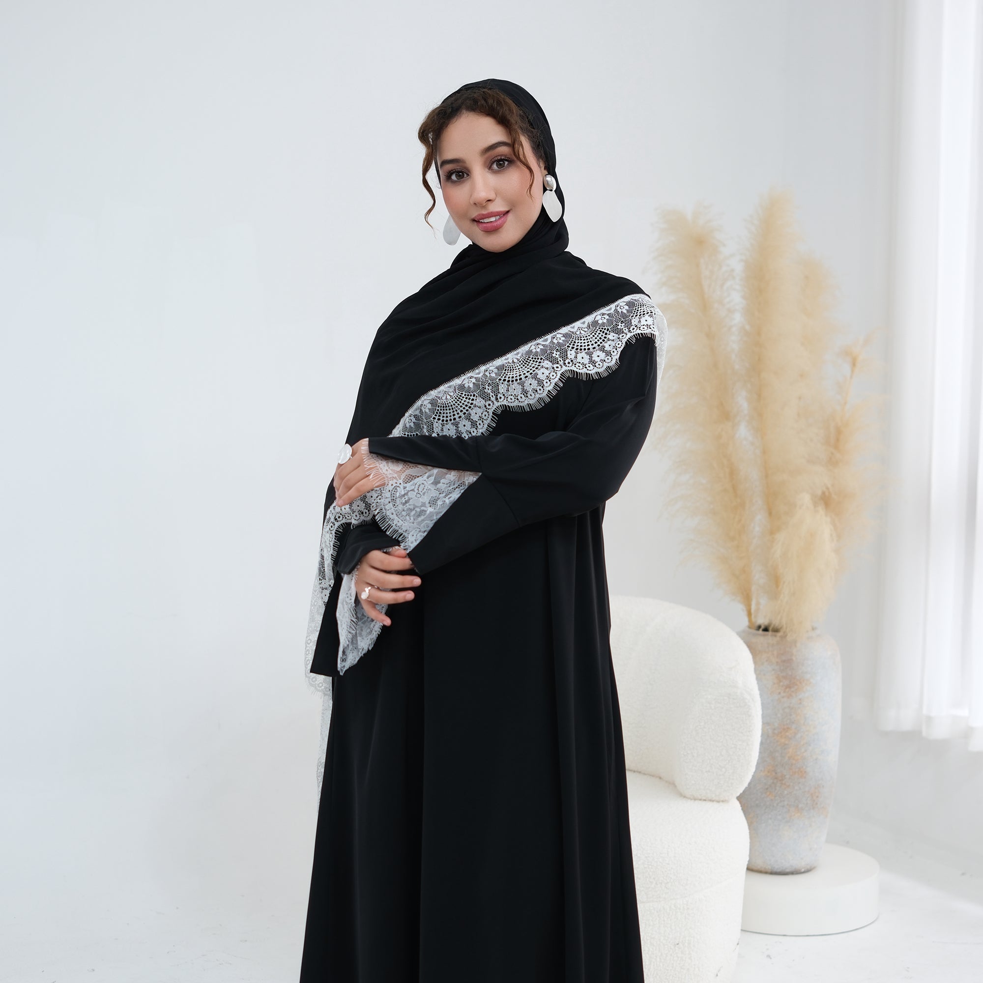 Long-sleeved lace-spliced large-size loose dress + headscarf two-piece set LR1175