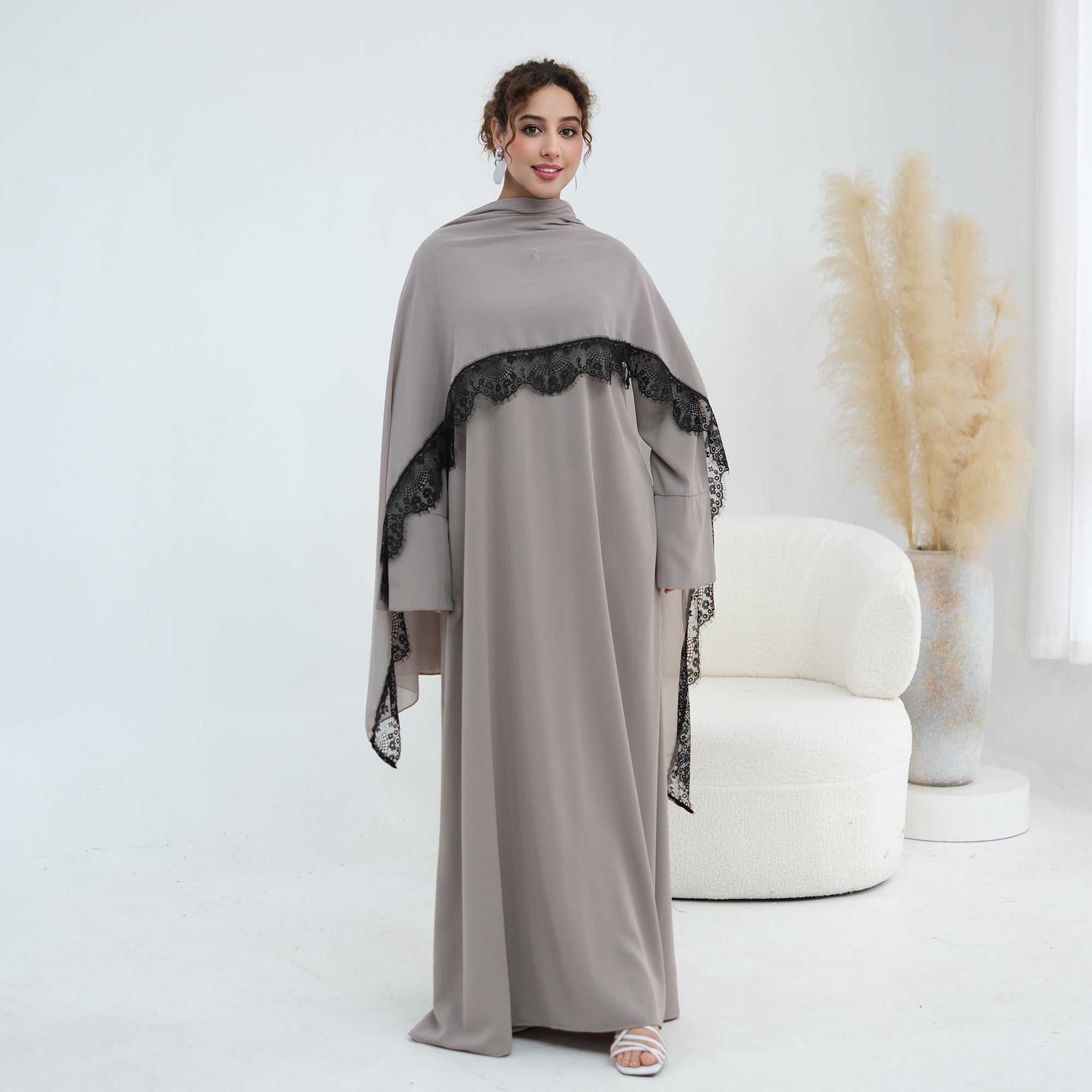 Long-sleeved lace-spliced large-size loose dress + headscarf two-piece set LR1175