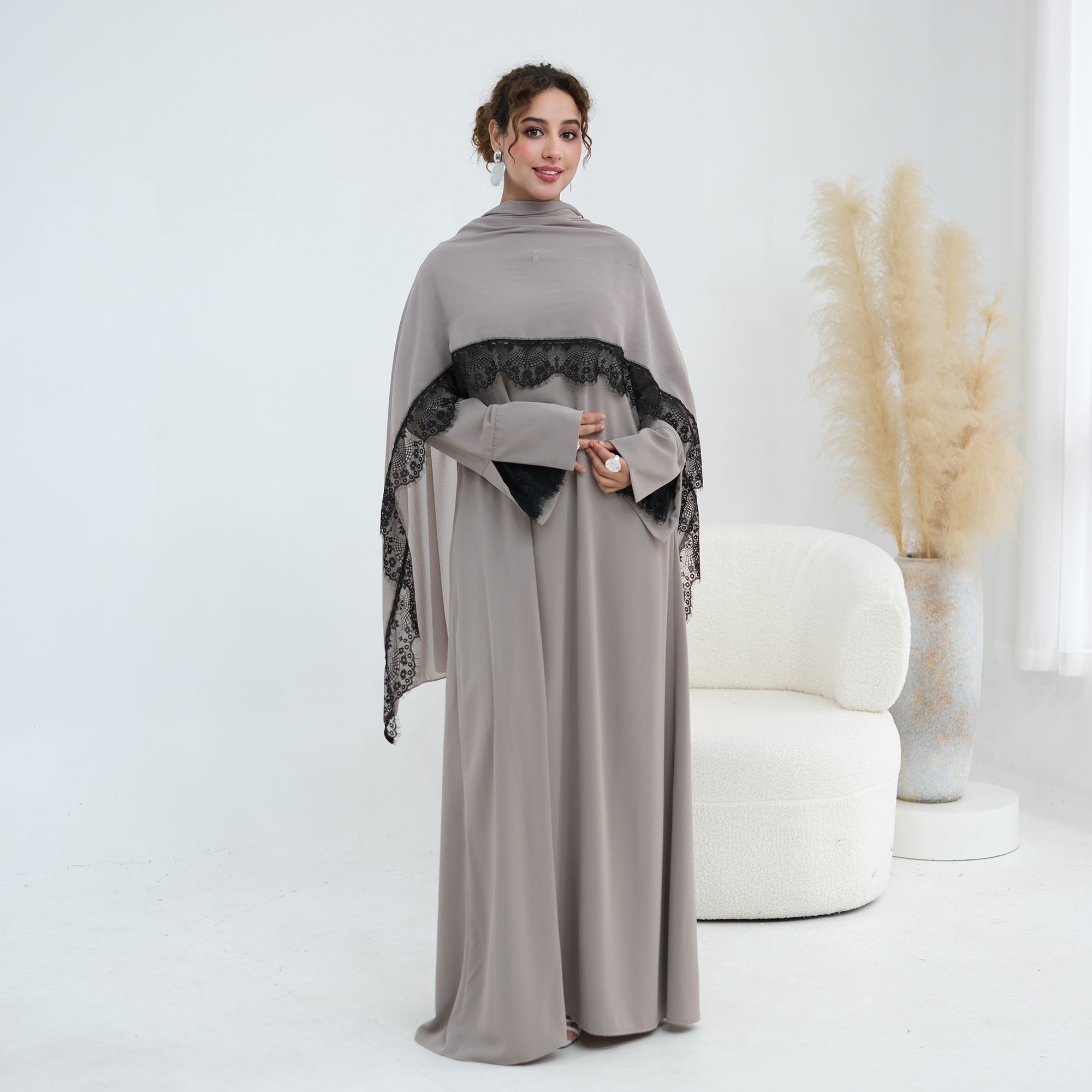Long-sleeved lace-spliced large-size loose dress + headscarf two-piece set LR1175