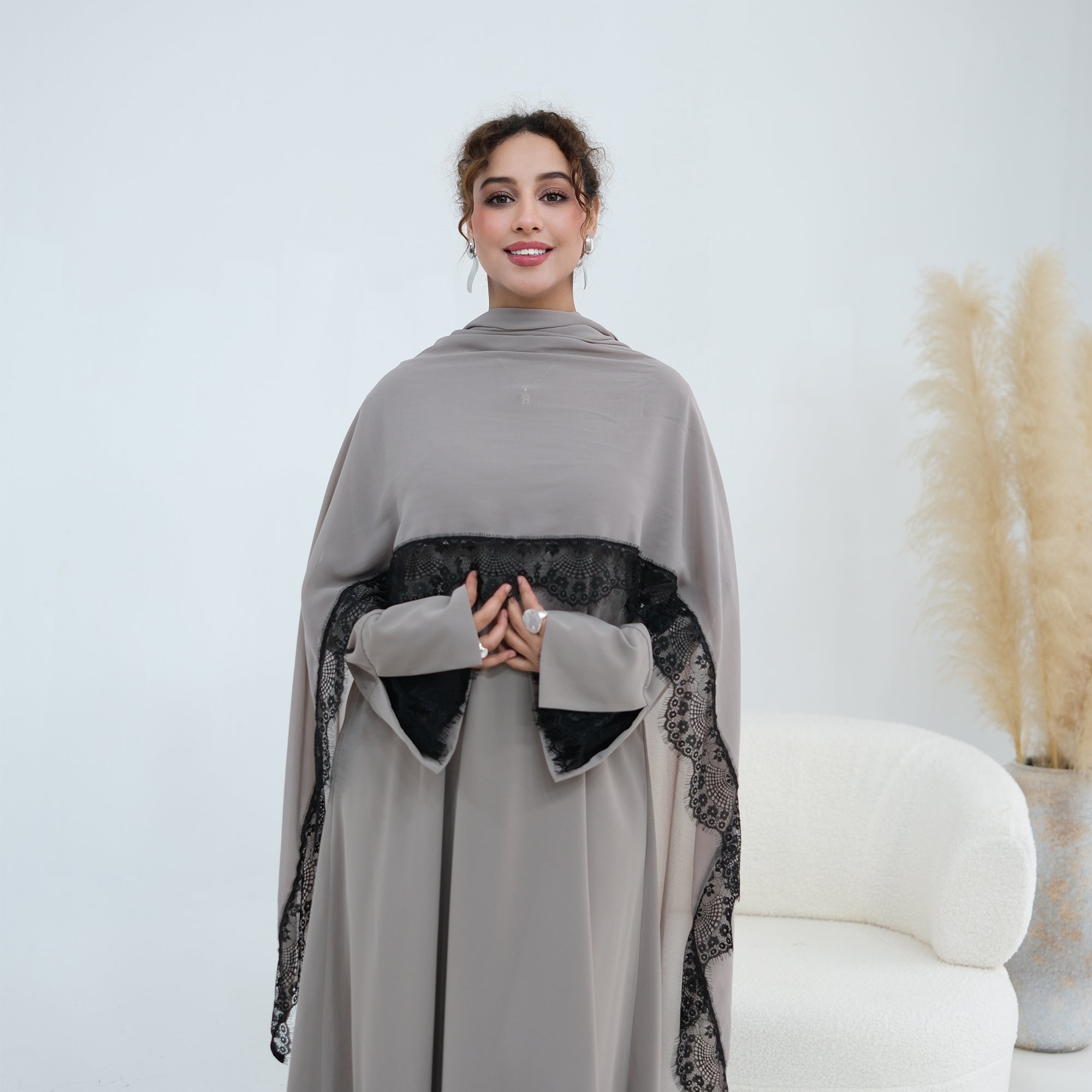 Long-sleeved lace-spliced large-size loose dress + headscarf two-piece set LR1175