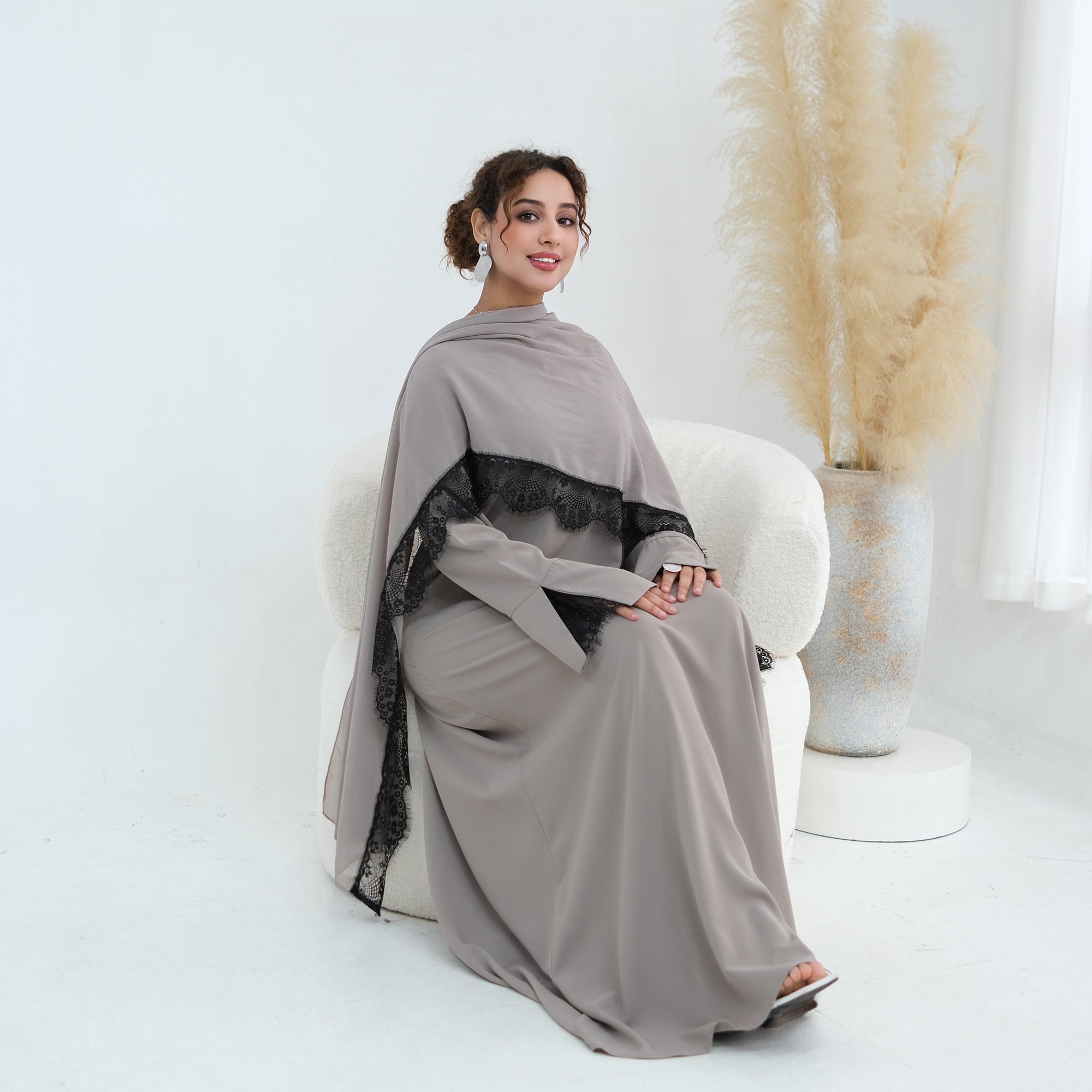 Long-sleeved lace-spliced large-size loose dress + headscarf two-piece set LR1175