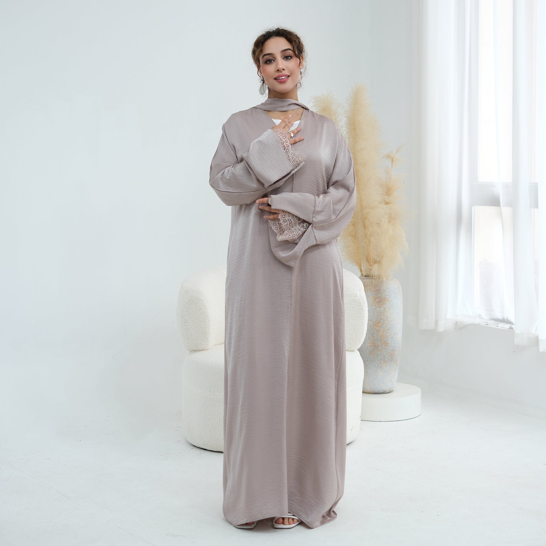 Large size long-sleeved cardigan with lace trim on the cuffs LR1181，without a headscarf