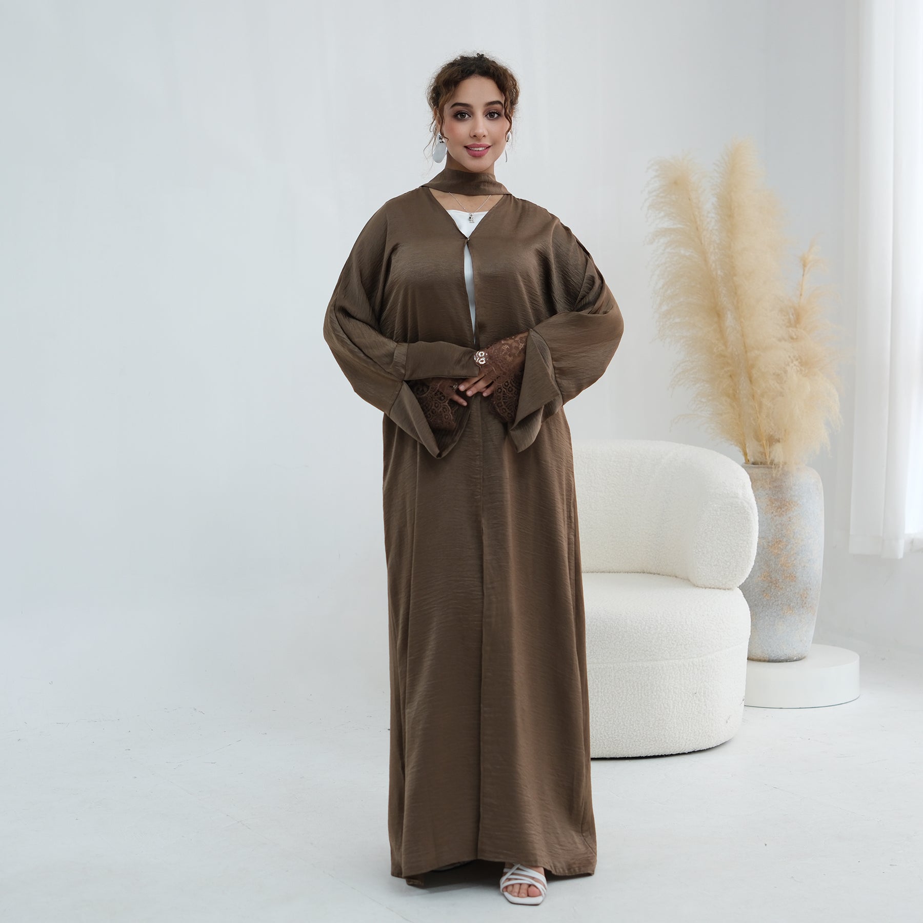 Large size long-sleeved cardigan with lace trim on the cuffs LR1181，without a headscarf