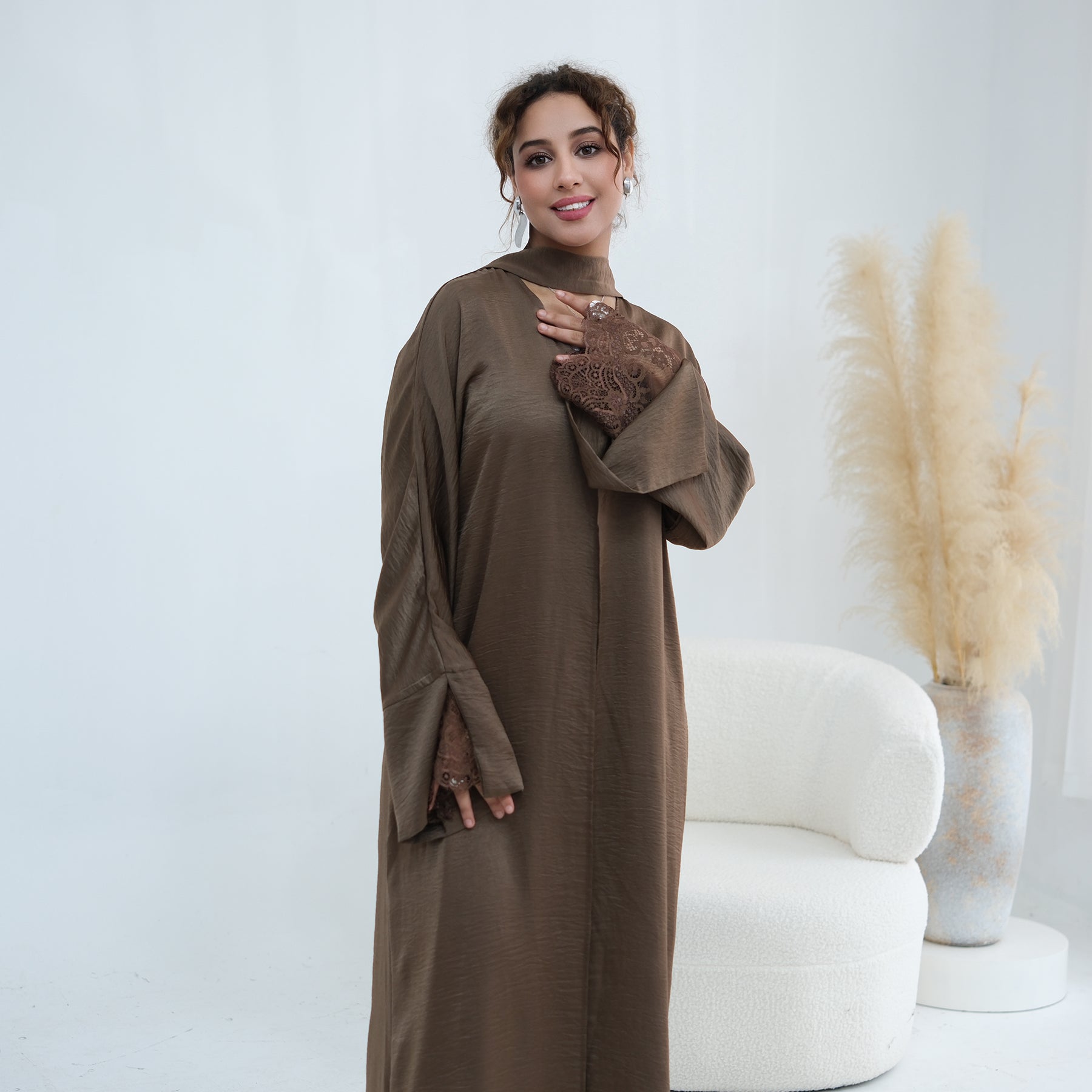Large size long-sleeved cardigan with lace trim on the cuffs LR1181，without a headscarf