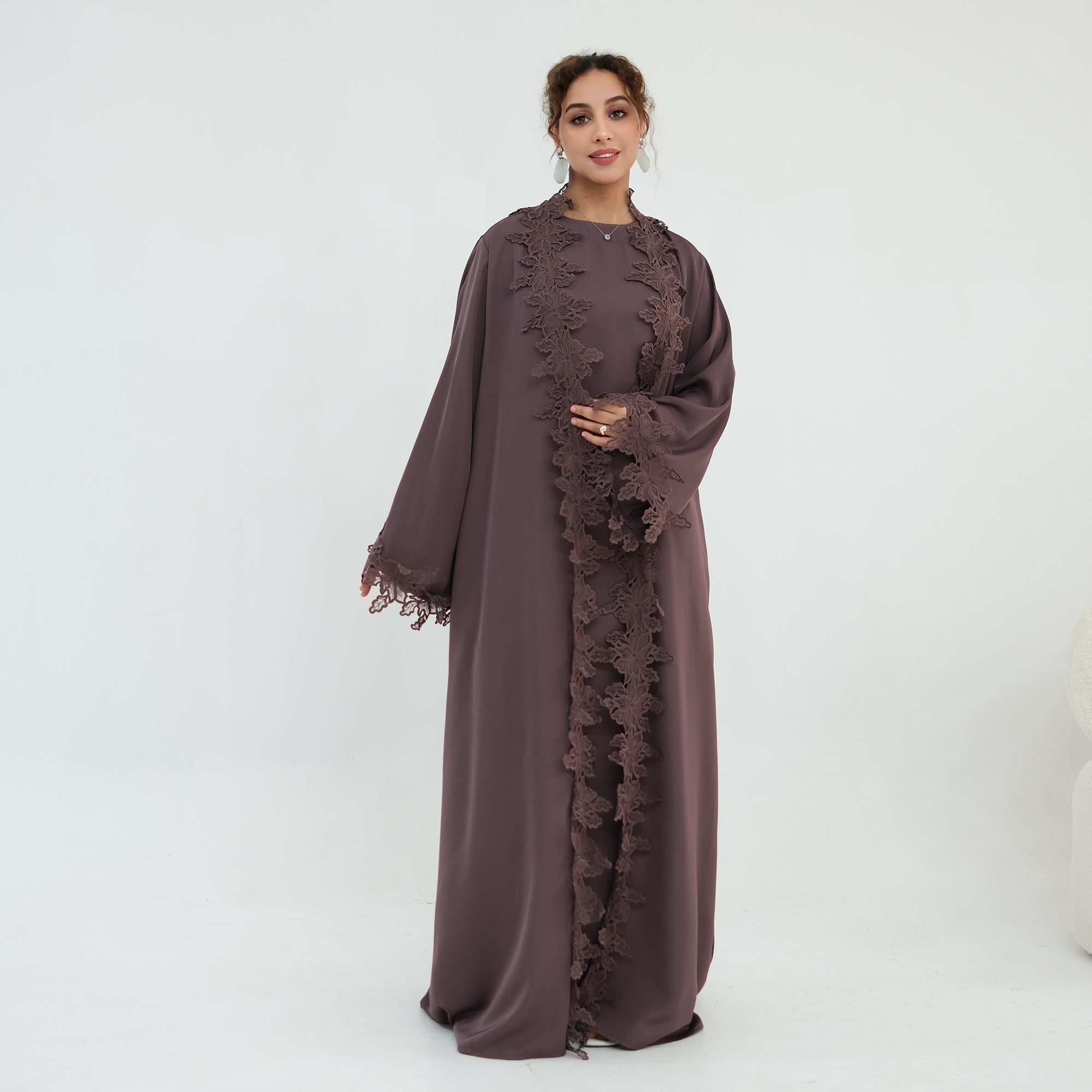 Two-piece set: large-size lace-spliced cardigan + matching dress, LR1184