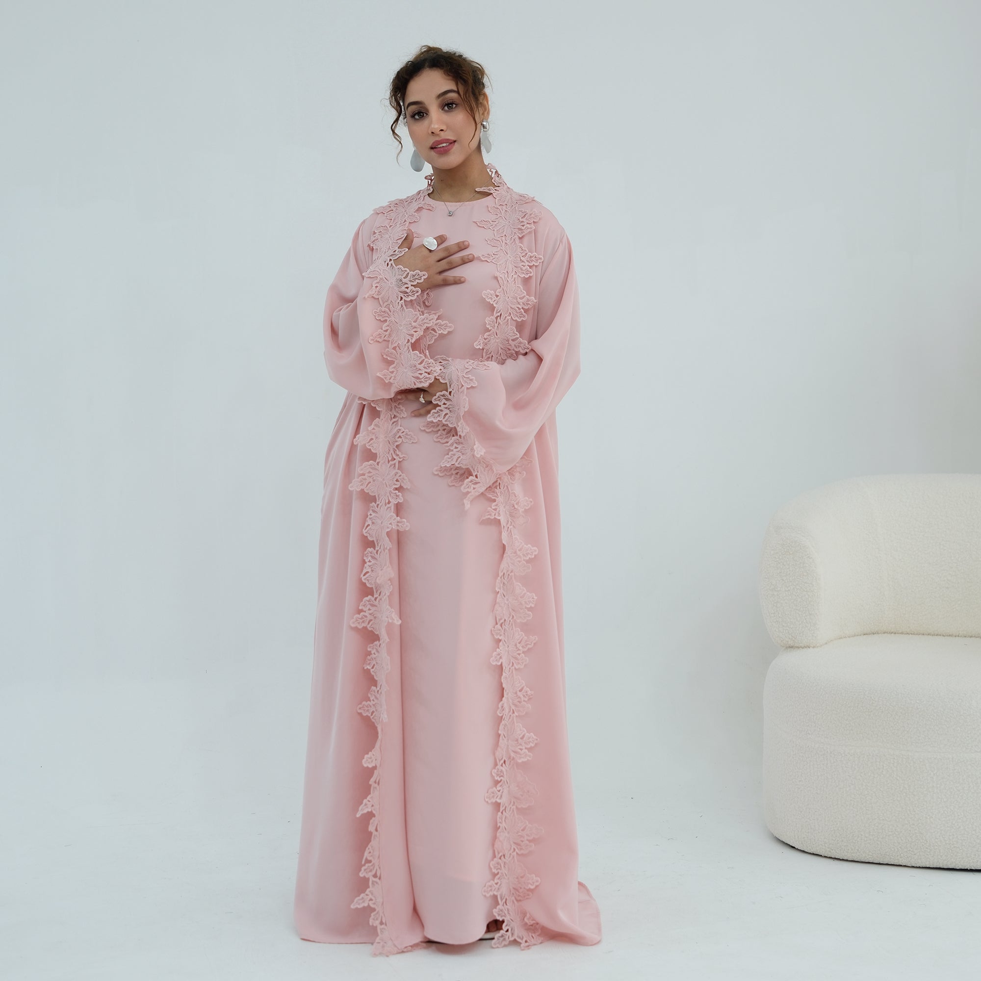 Two-piece set: large-size lace-spliced cardigan + matching dress, LR1184