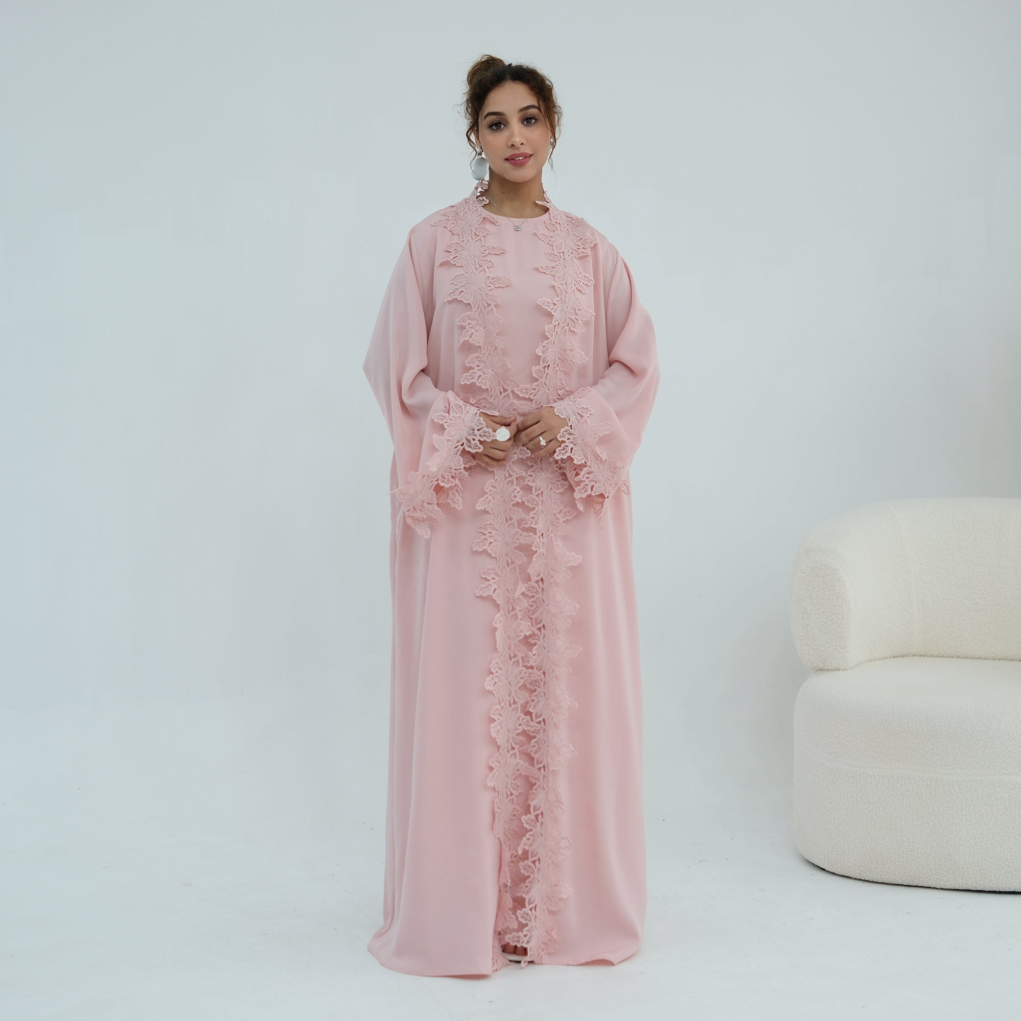 Two-piece set: large-size lace-spliced cardigan + matching dress, LR1184