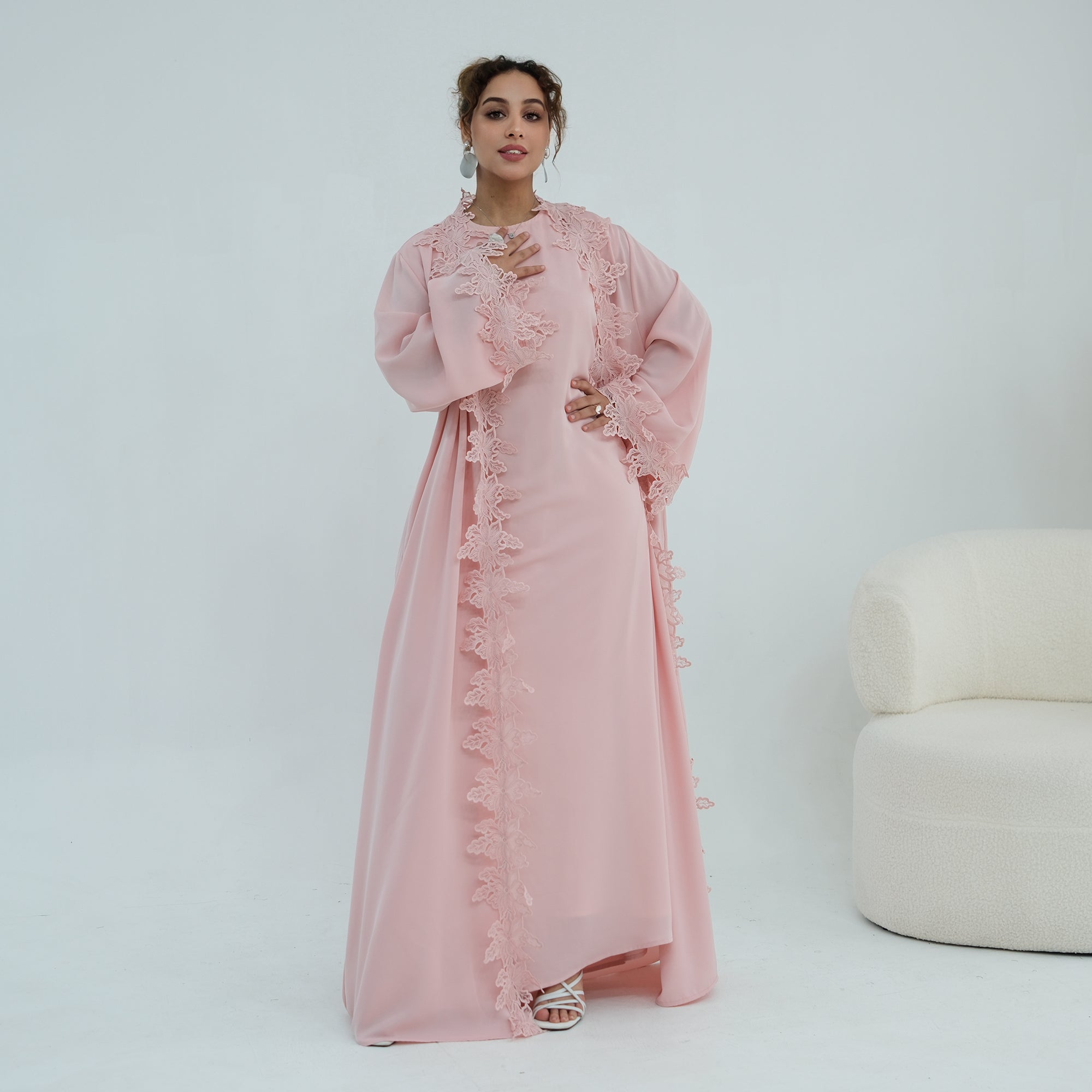 Two-piece set: large-size lace-spliced cardigan + matching dress, LR1184