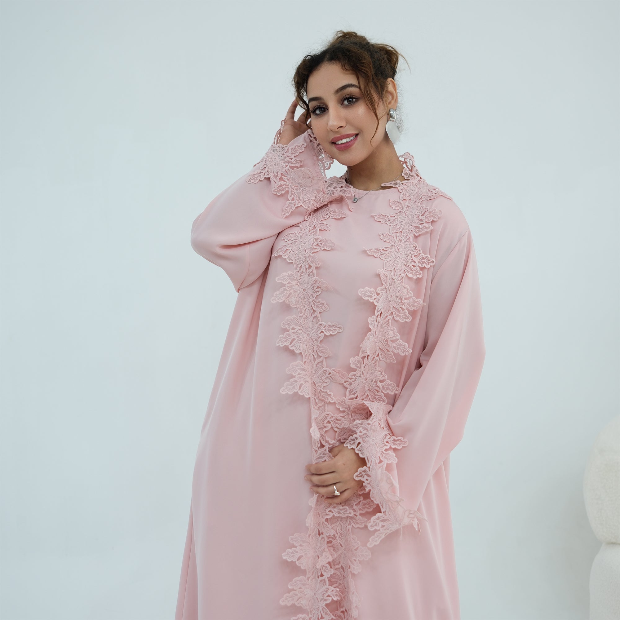 Two-piece set: large-size lace-spliced cardigan + matching dress, LR1184