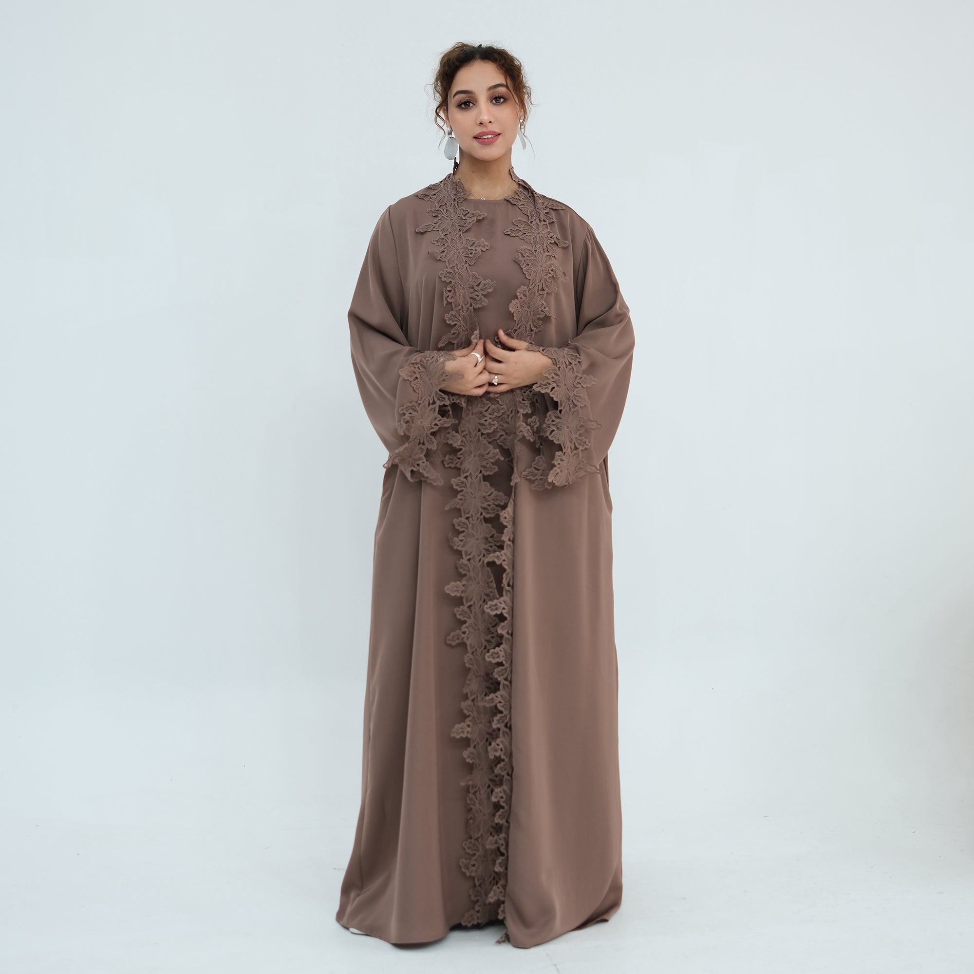 Two-piece set: large-size lace-spliced cardigan + matching dress, LR1184