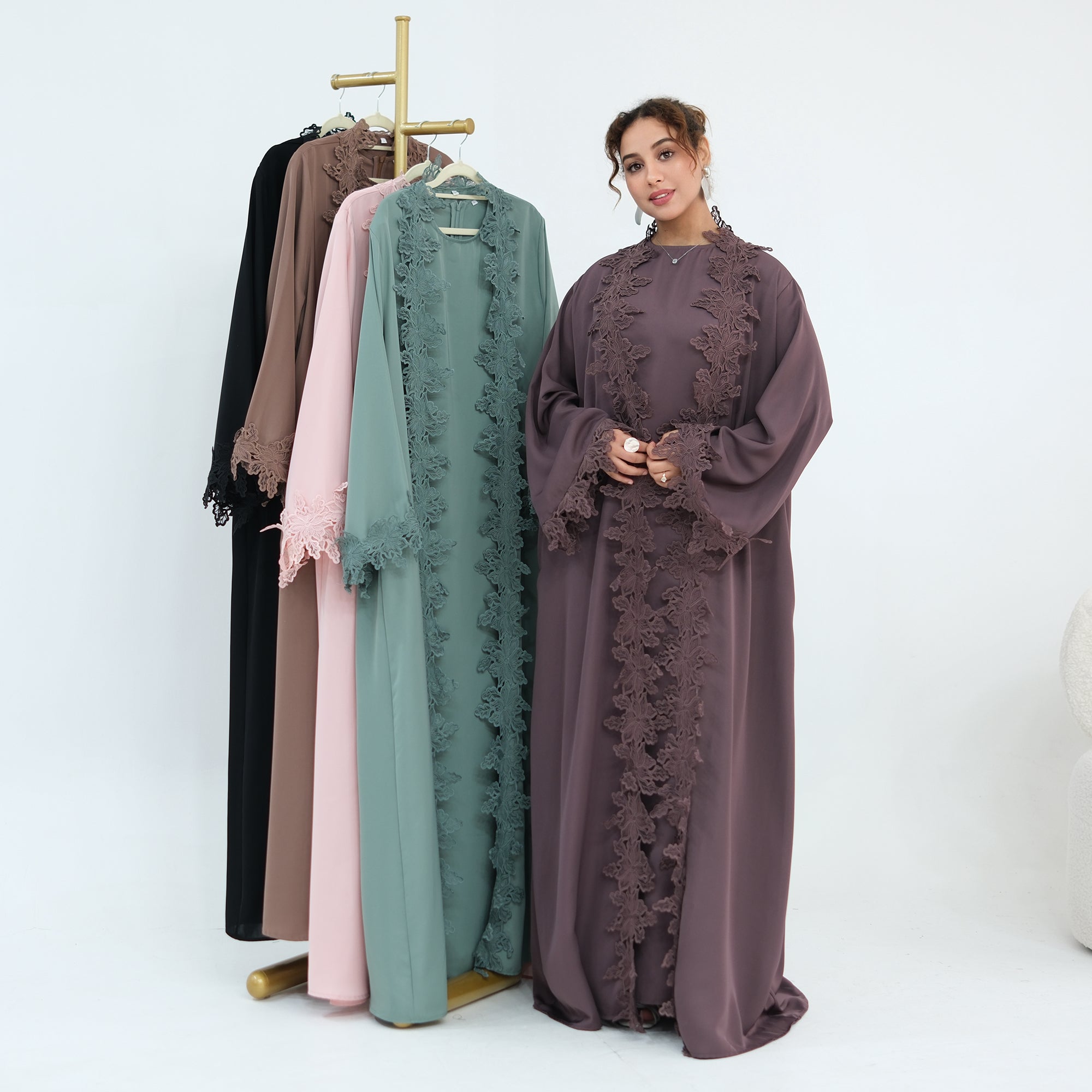 Two-piece set: large-size lace-spliced cardigan + matching dress, LR1184