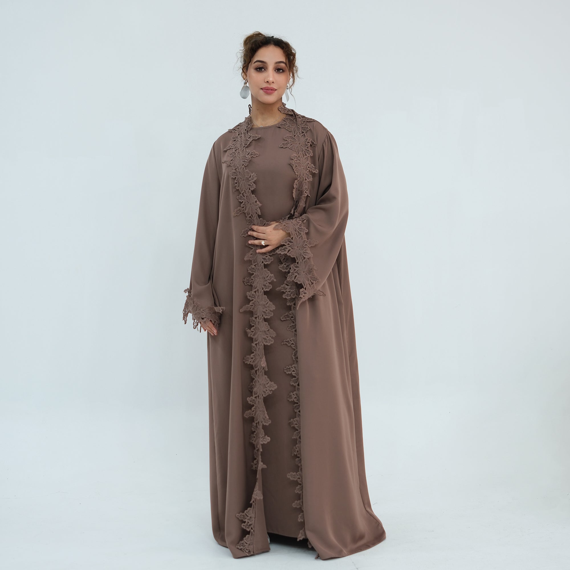 Two-piece set: large-size lace-spliced cardigan + matching dress, LR1184