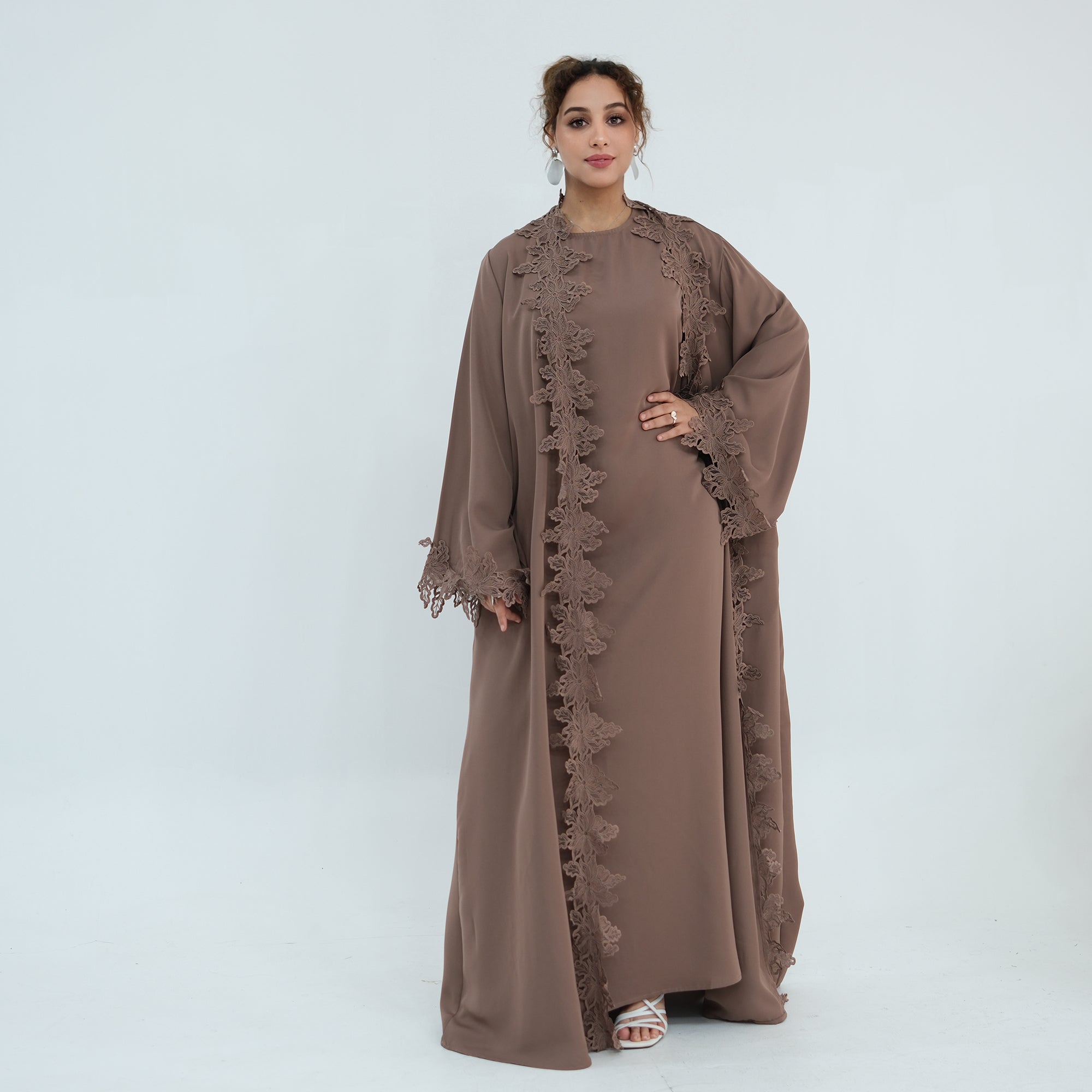 Two-piece set: large-size lace-spliced cardigan + matching dress, LR1184