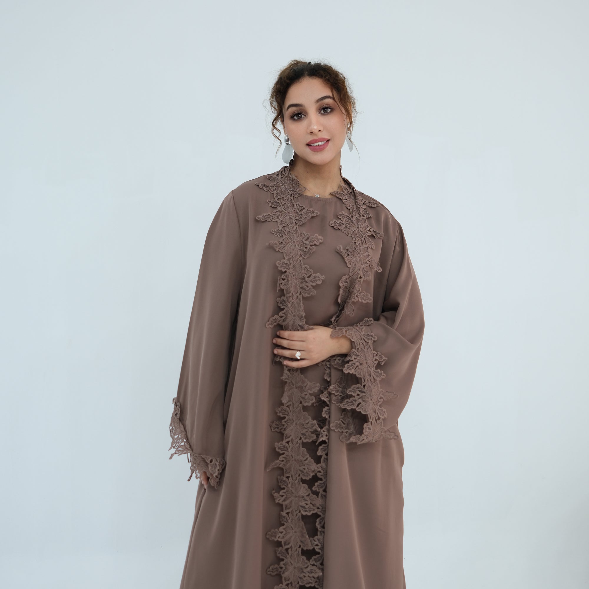 Two-piece set: large-size lace-spliced cardigan + matching dress, LR1184