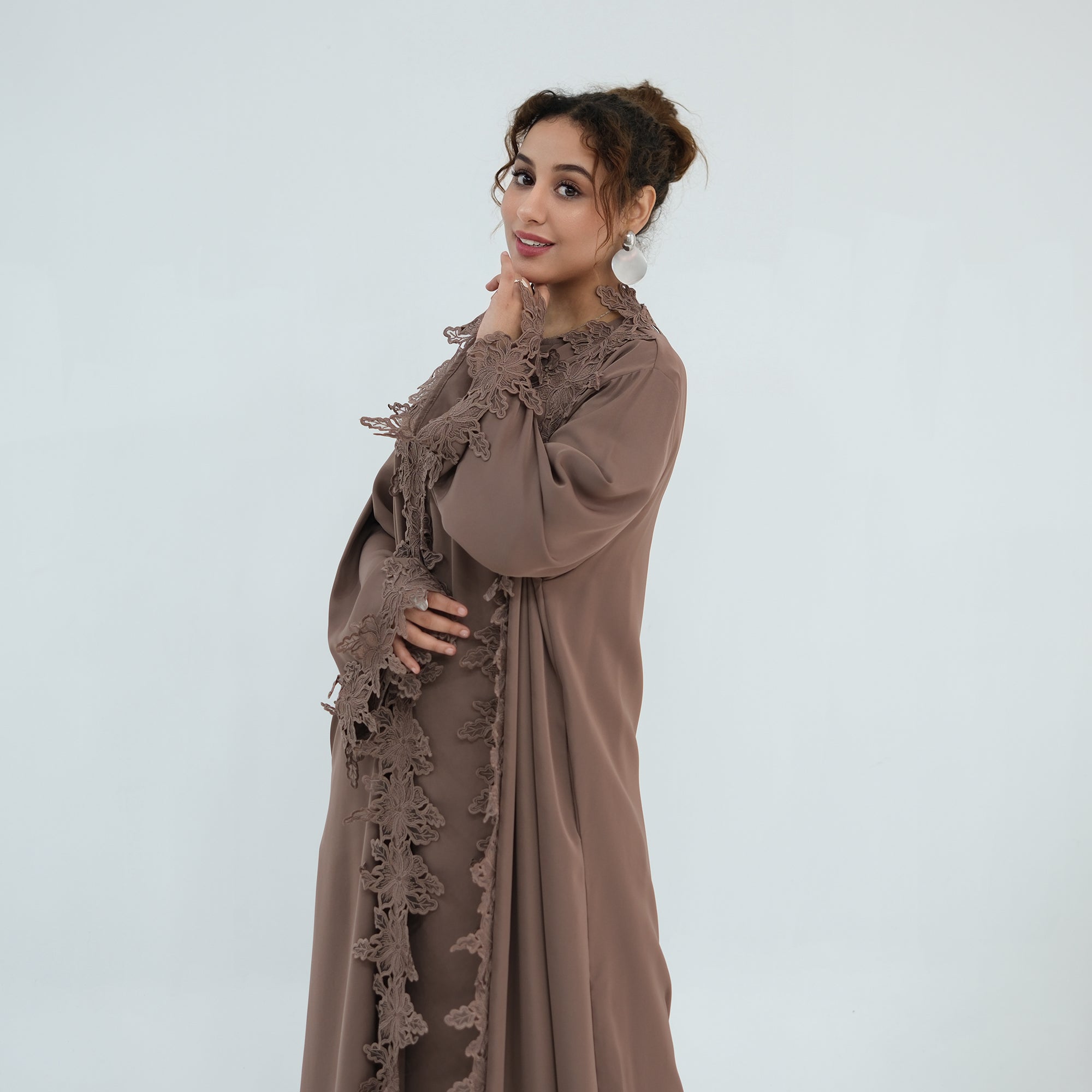 Two-piece set: large-size lace-spliced cardigan + matching dress, LR1184