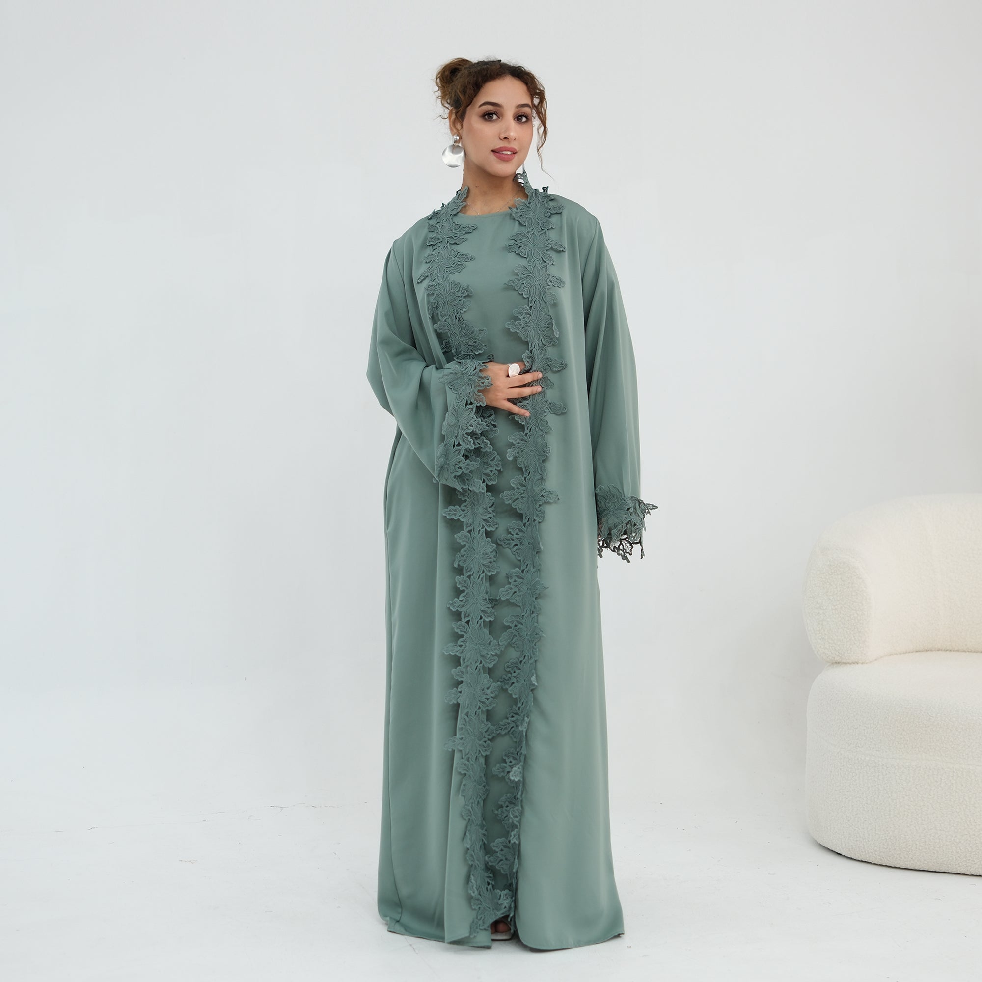 Two-piece set: large-size lace-spliced cardigan + matching dress, LR1184