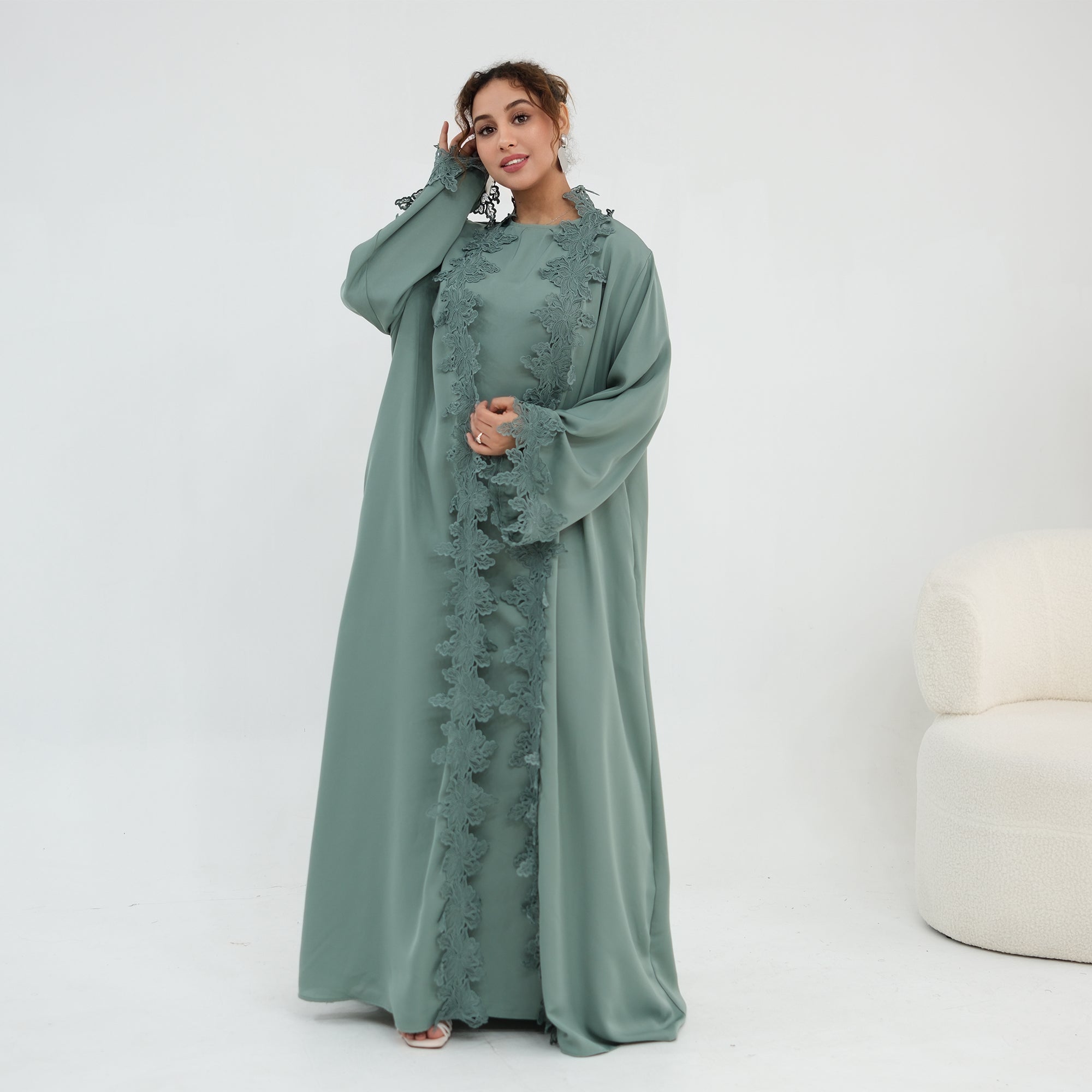 Two-piece set: large-size lace-spliced cardigan + matching dress, LR1184