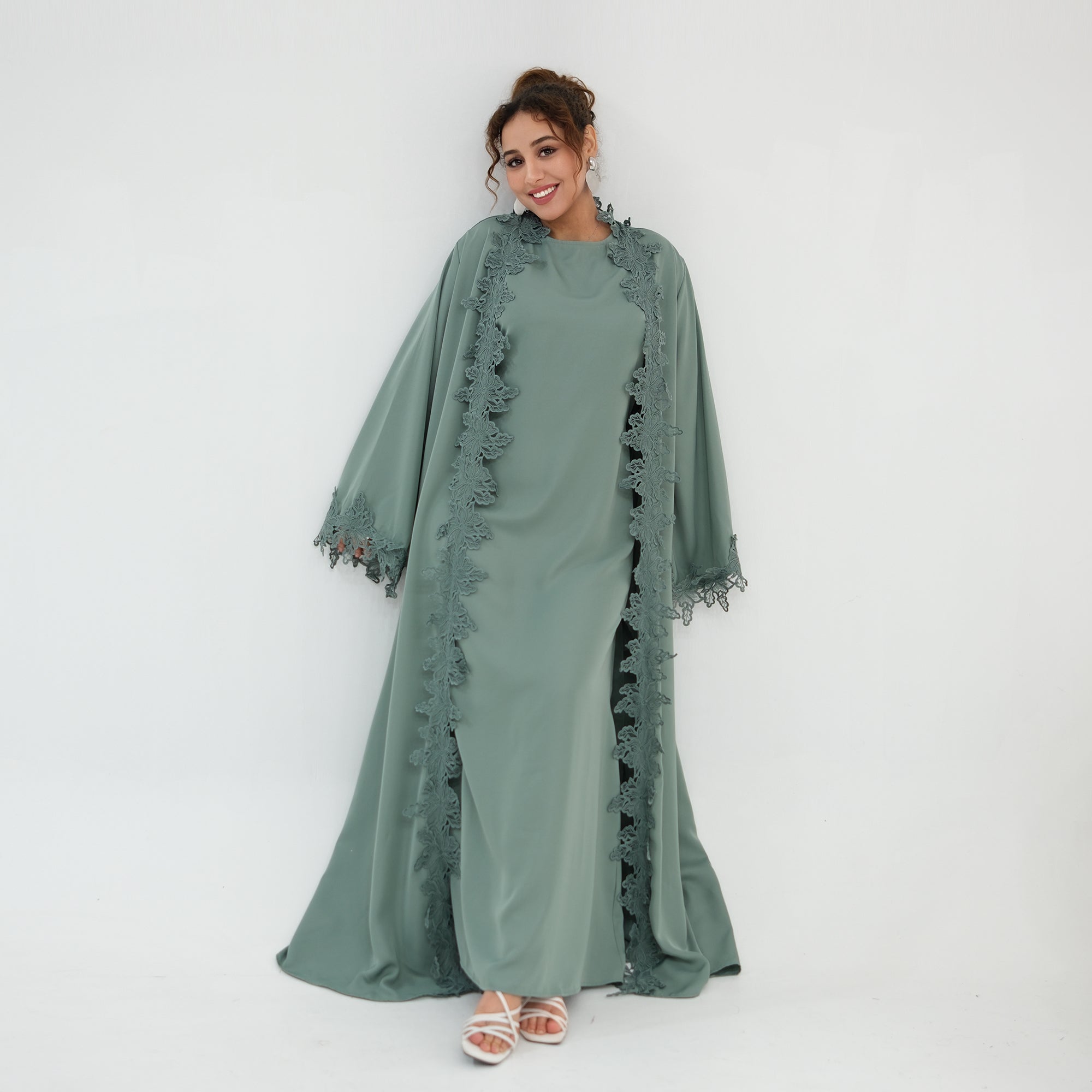 Two-piece set: large-size lace-spliced cardigan + matching dress, LR1184