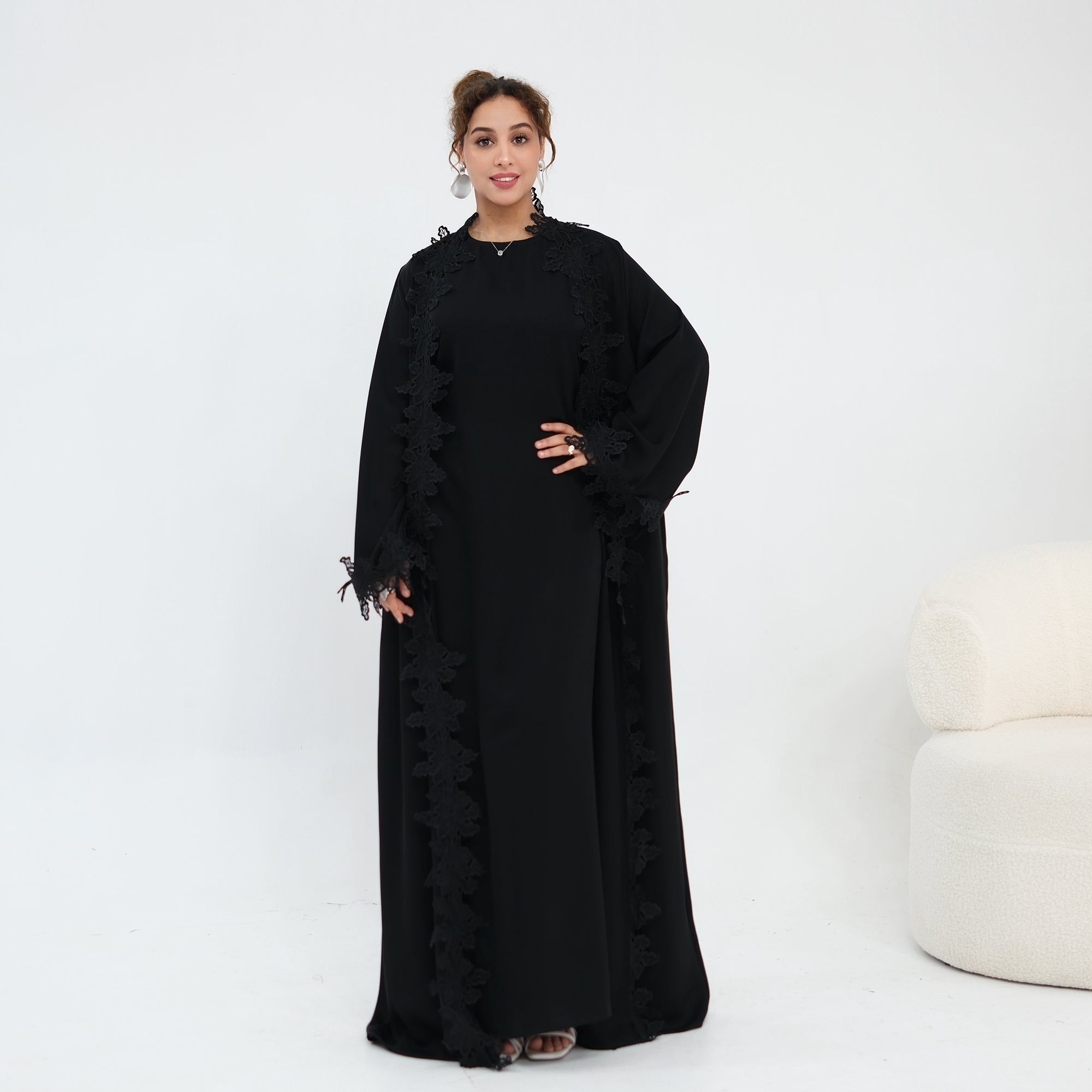 Two-piece set: large-size lace-spliced cardigan + matching dress, LR1184