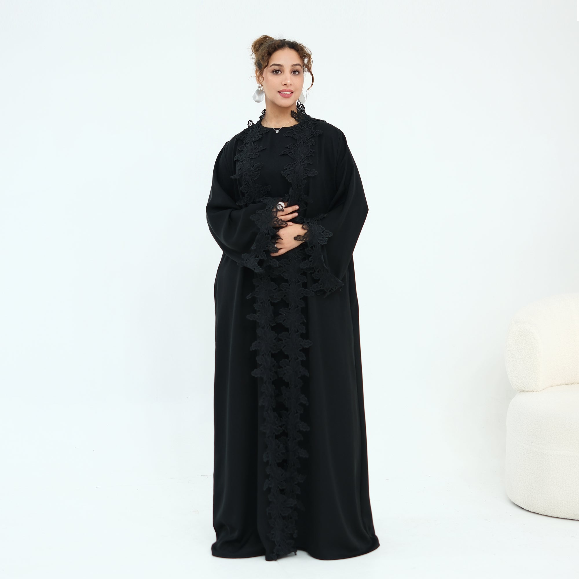 Two-piece set: large-size lace-spliced cardigan + matching dress, LR1184