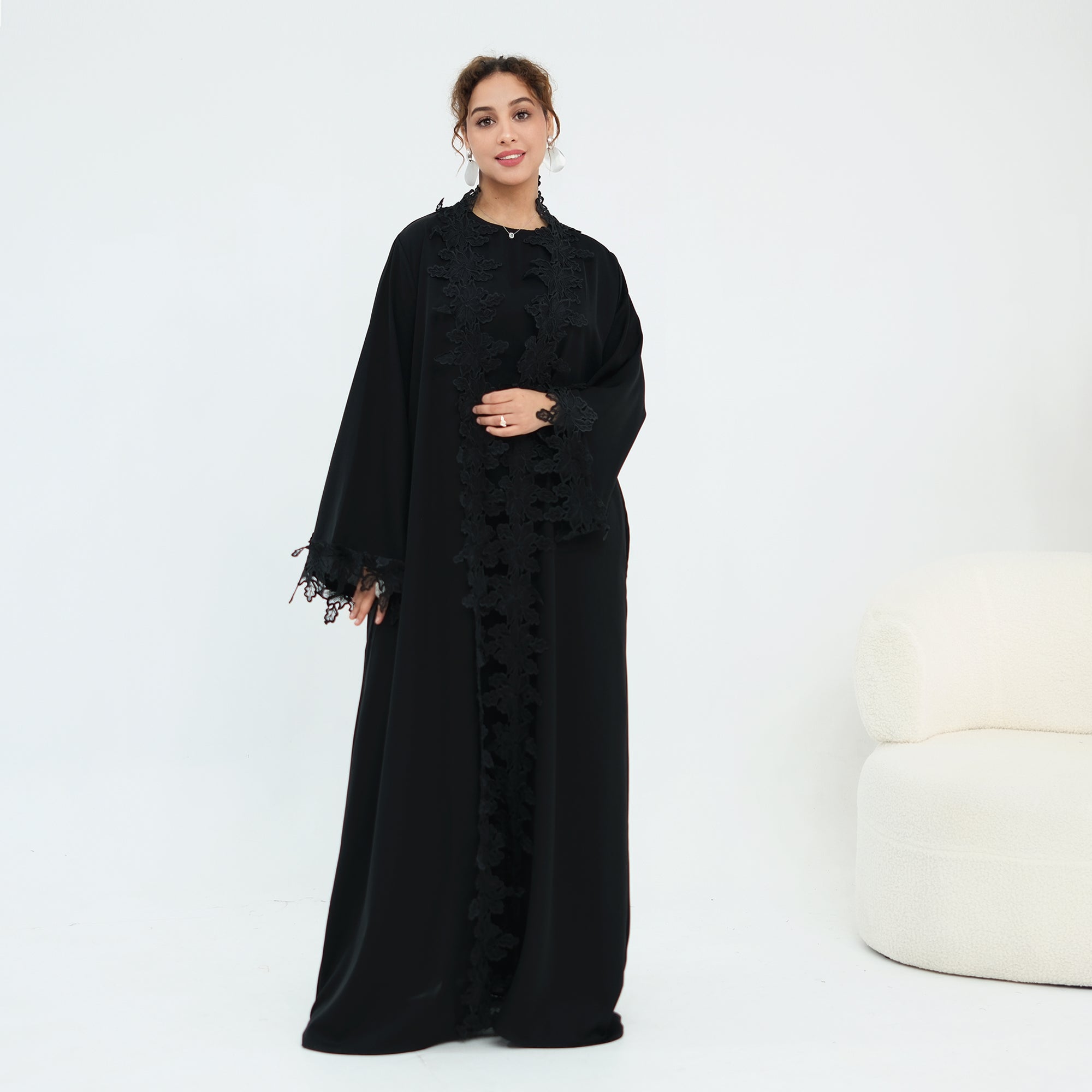 Two-piece set: large-size lace-spliced cardigan + matching dress, LR1184