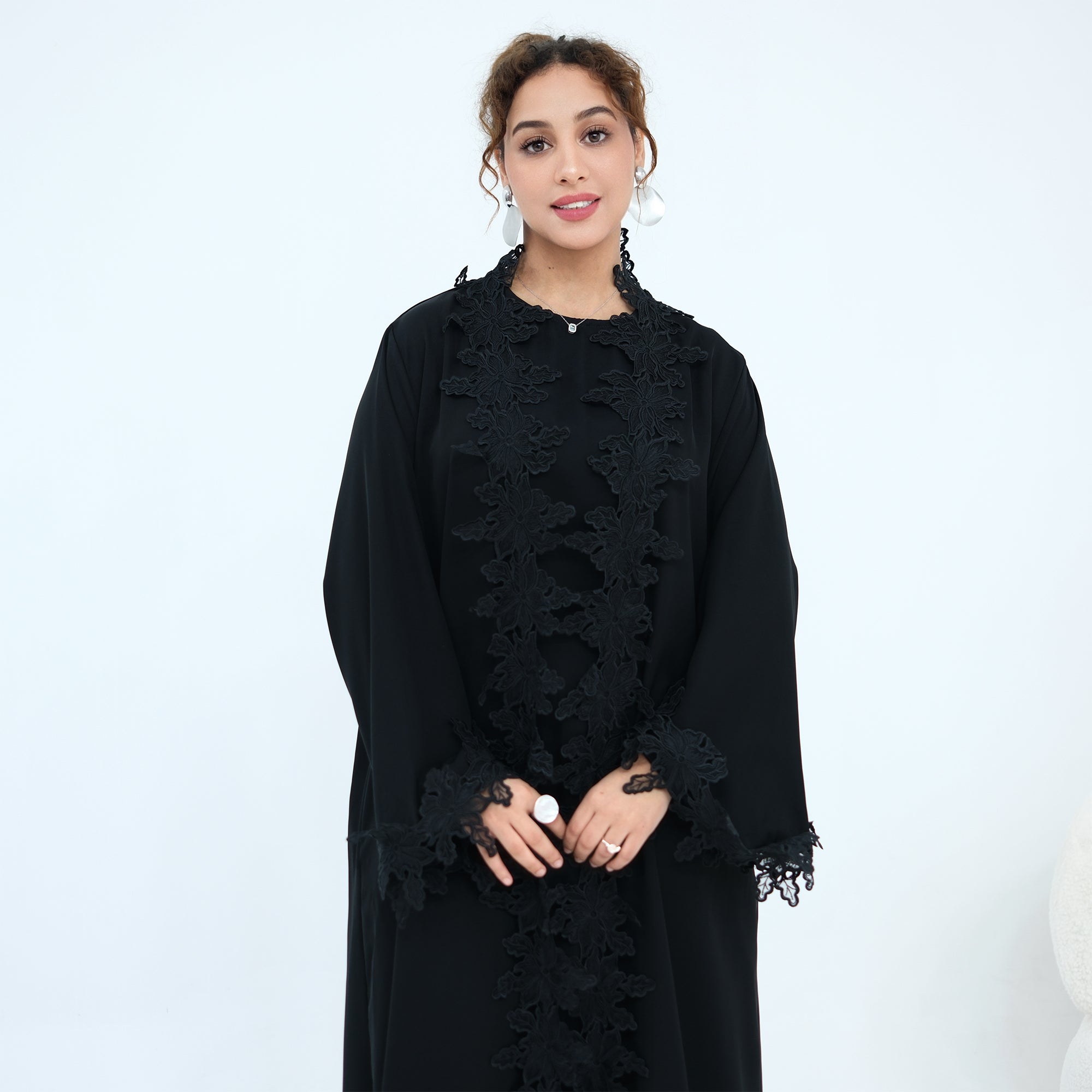 Two-piece set: large-size lace-spliced cardigan + matching dress, LR1184