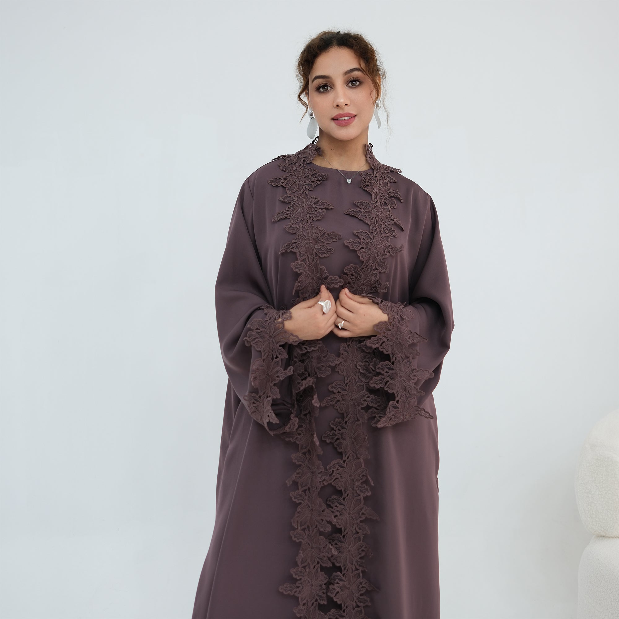 Two-piece set: large-size lace-spliced cardigan + matching dress, LR1184