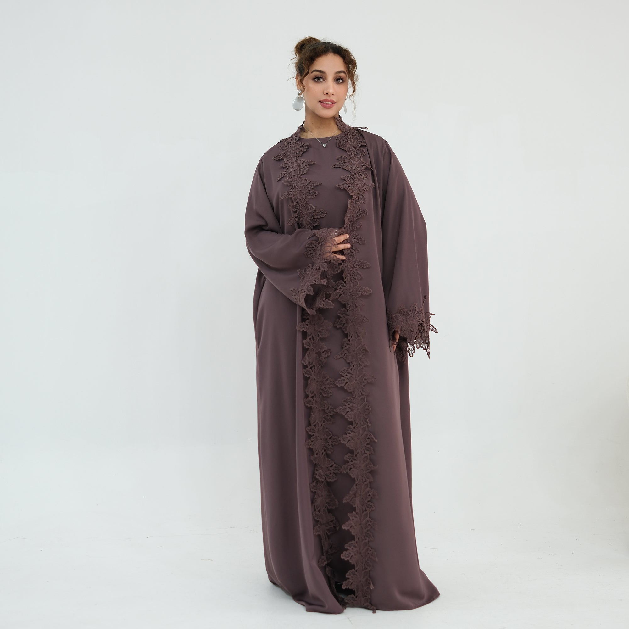 Two-piece set: large-size lace-spliced cardigan + matching dress, LR1184