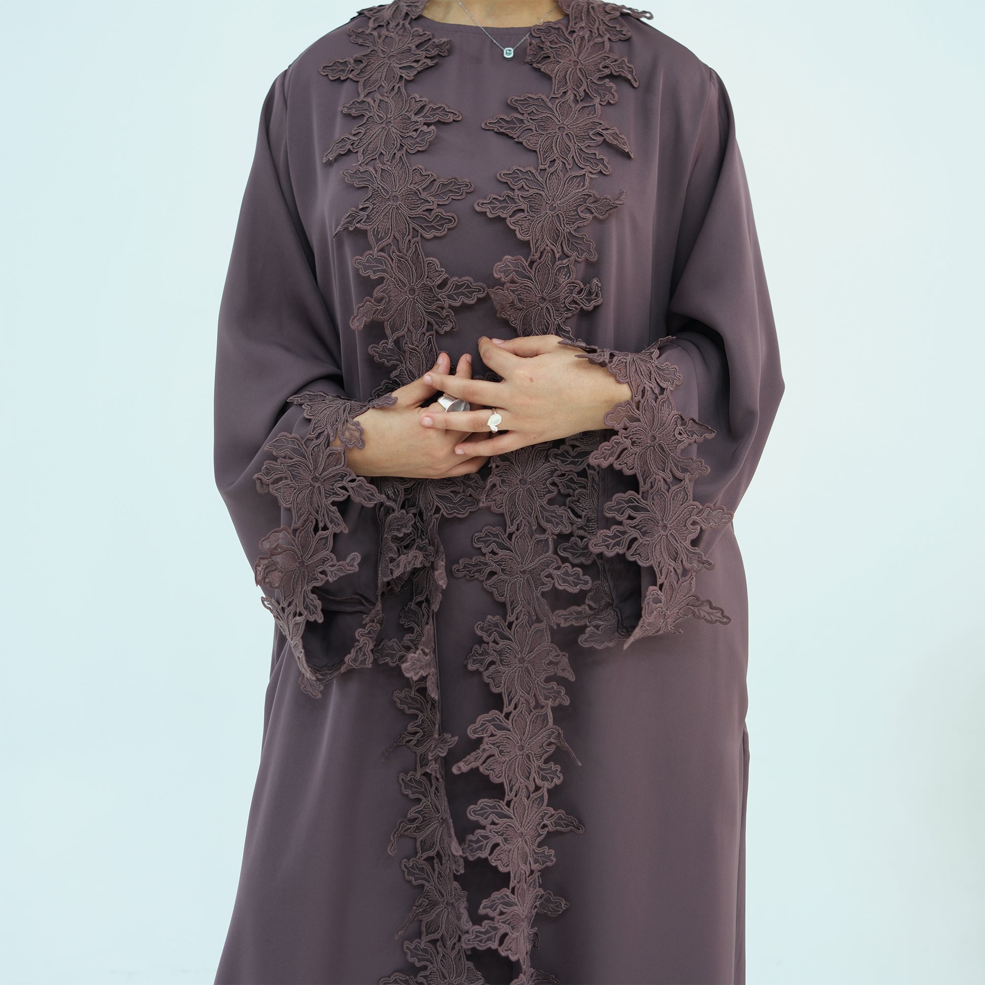 Two-piece set: large-size lace-spliced cardigan + matching dress, LR1184