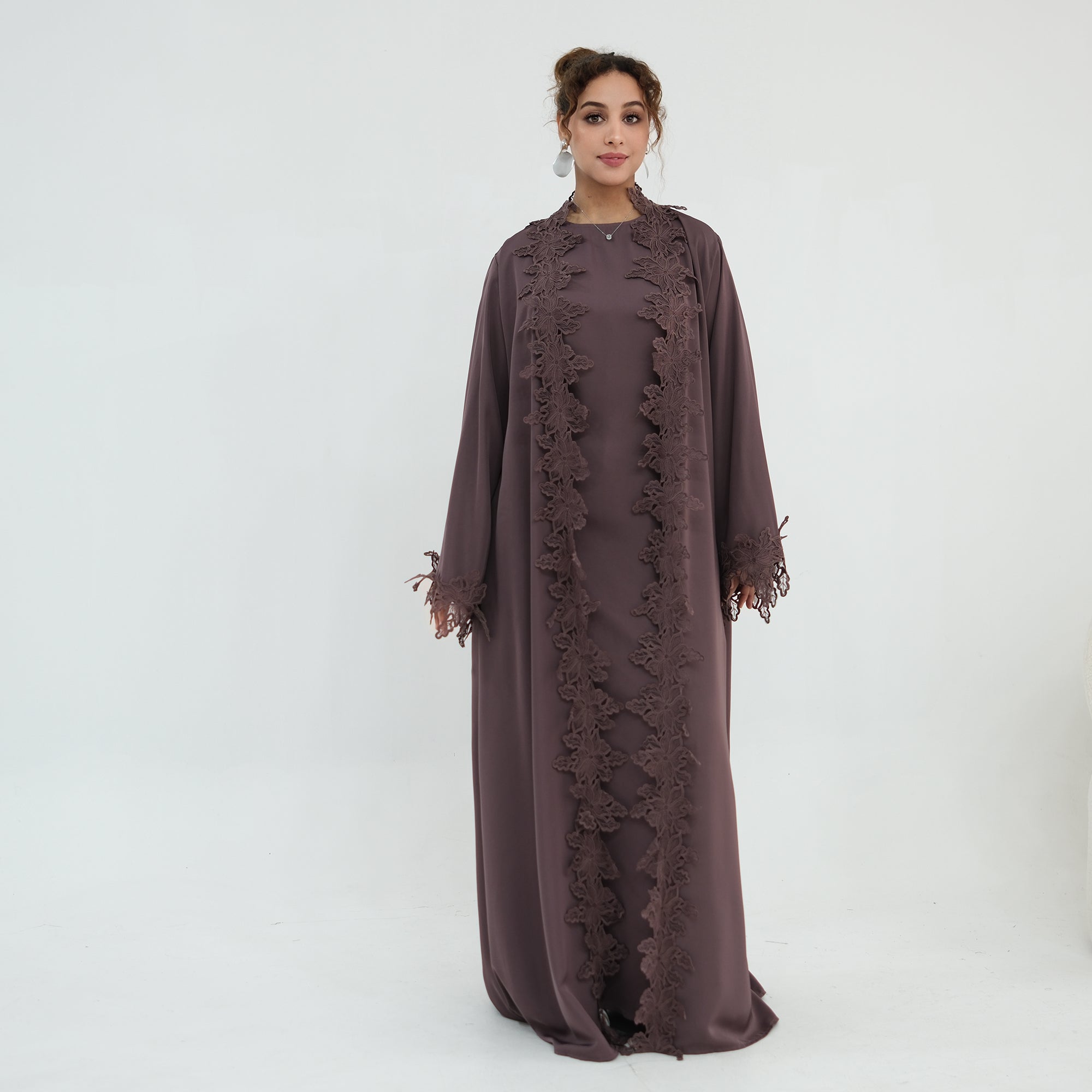 Two-piece set: large-size lace-spliced cardigan + matching dress, LR1184