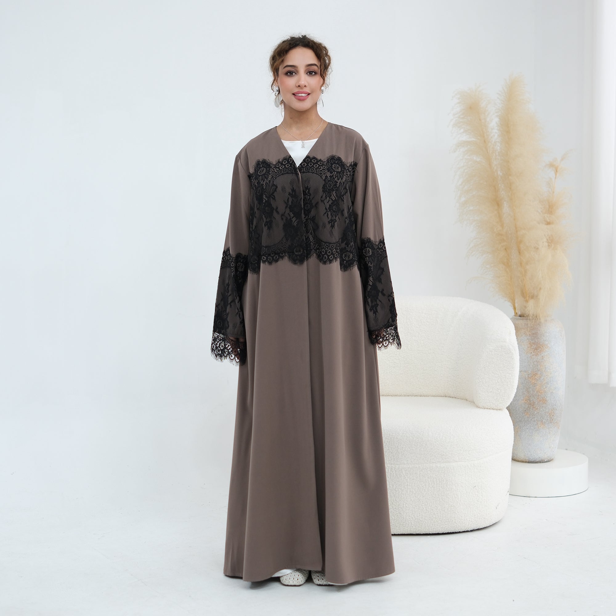 Large-size long-sleeved elegant lace-spliced cardigan 1186，Without a headscarf