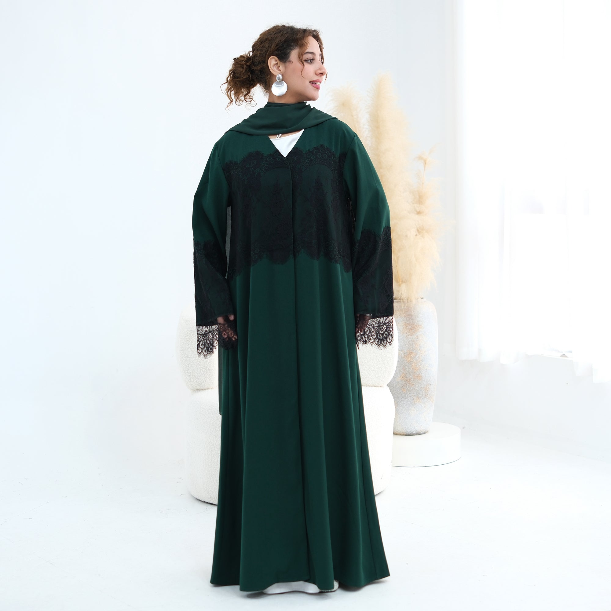 Large-size long-sleeved elegant lace-spliced cardigan 1186，Without a headscarf
