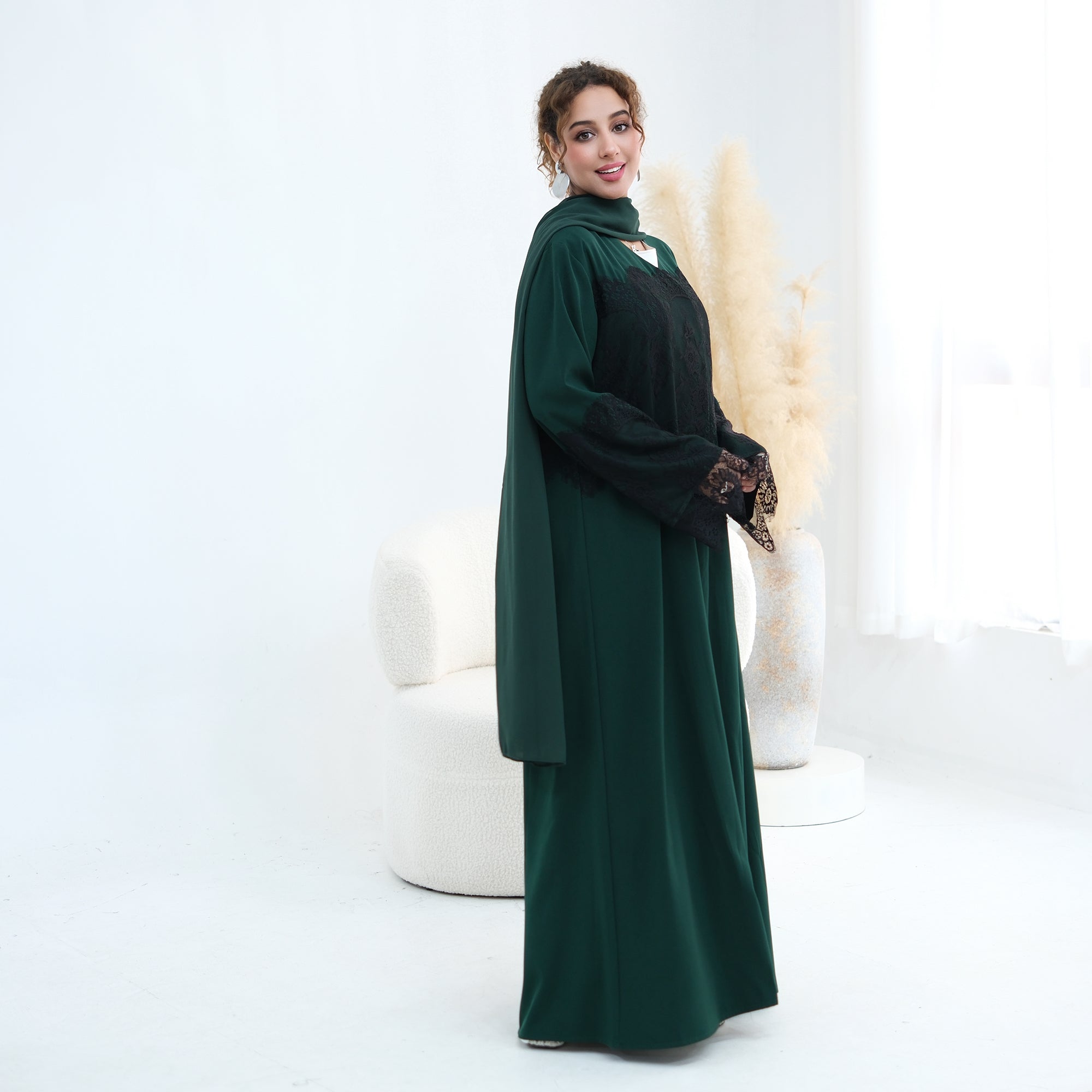 Large-size long-sleeved elegant lace-spliced cardigan 1186，Without a headscarf