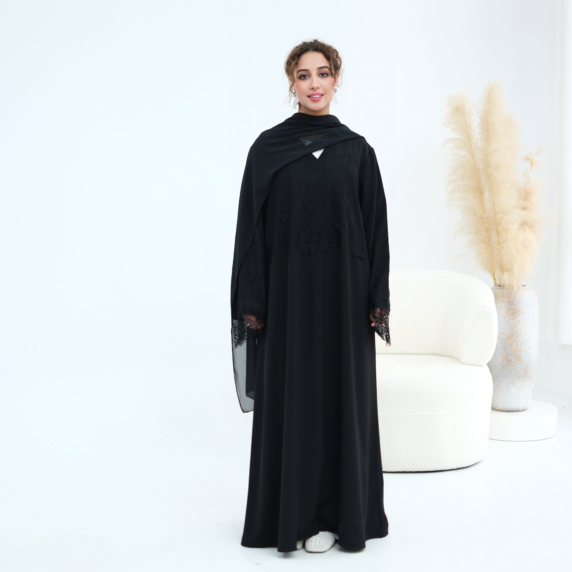 Large-size long-sleeved elegant lace-spliced cardigan 1186，Without a headscarf
