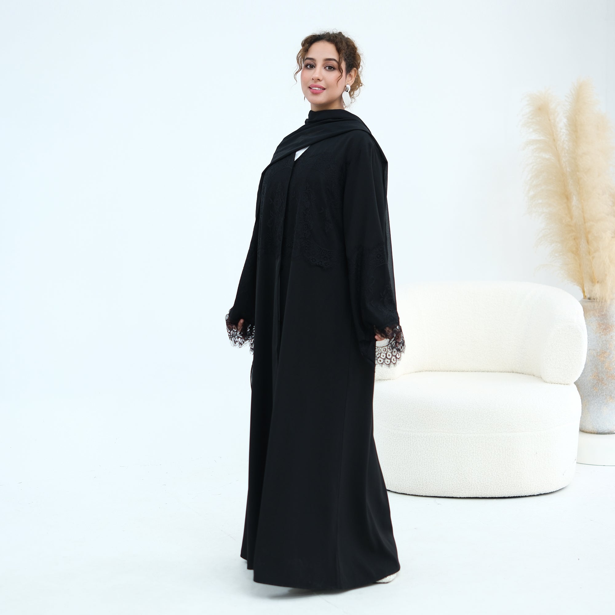 Large-size long-sleeved elegant lace-spliced cardigan 1186，Without a headscarf