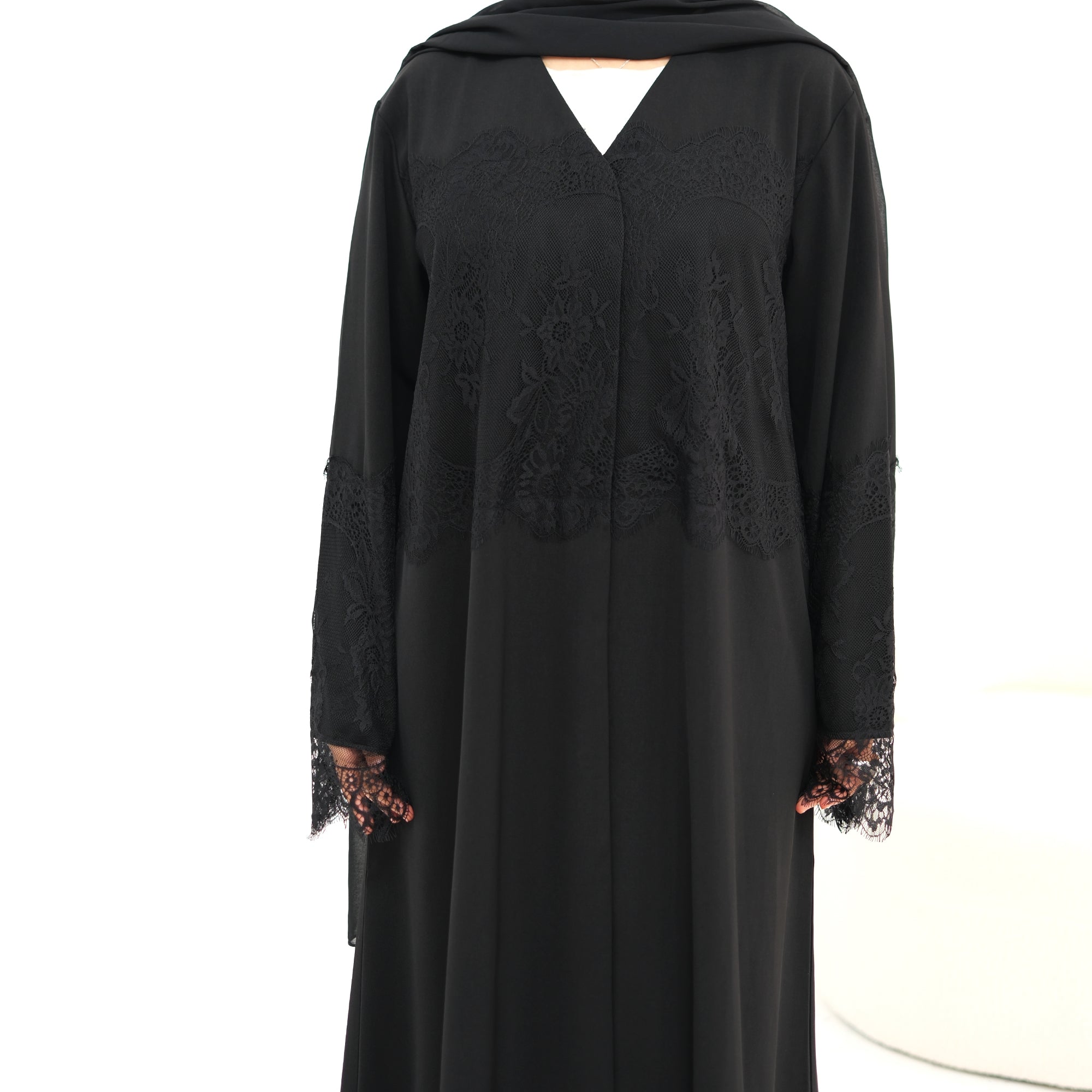 Large-size long-sleeved elegant lace-spliced cardigan 1186，Without a headscarf