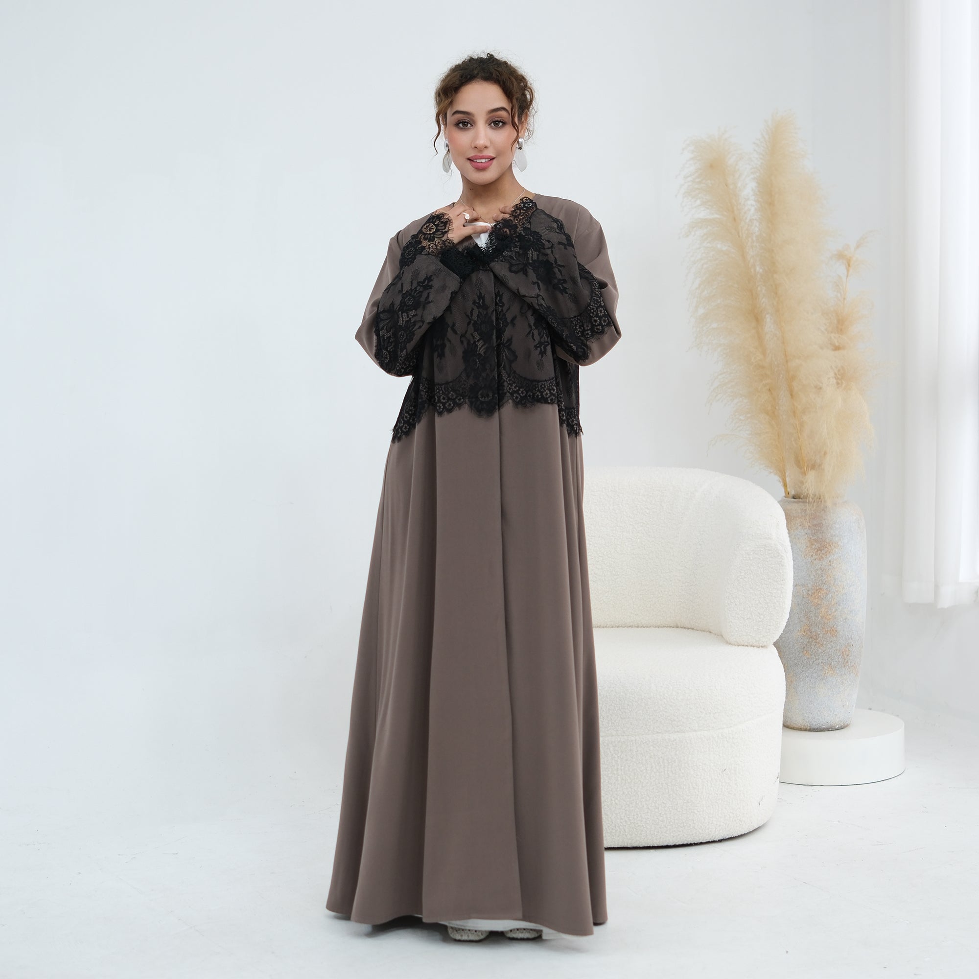 Large-size long-sleeved elegant lace-spliced cardigan 1186，Without a headscarf