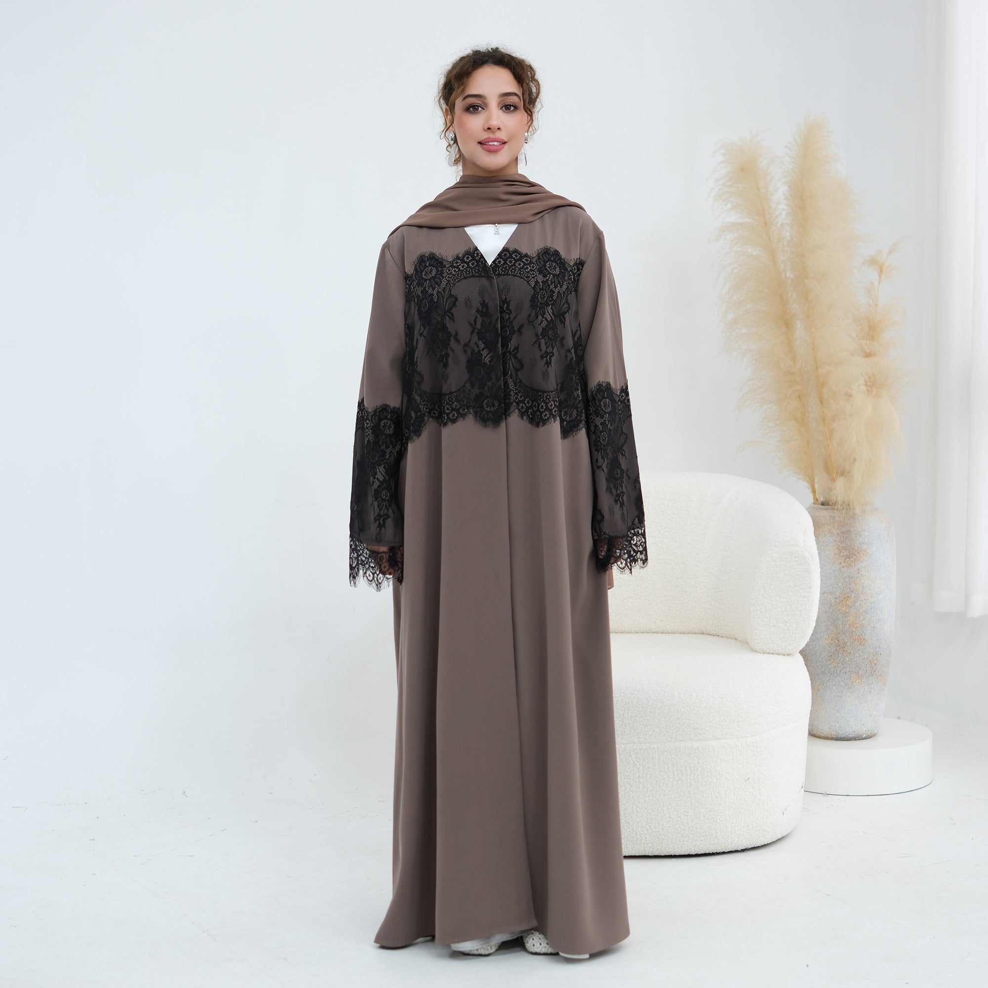 Large-size long-sleeved elegant lace-spliced cardigan 1186，Without a headscarf