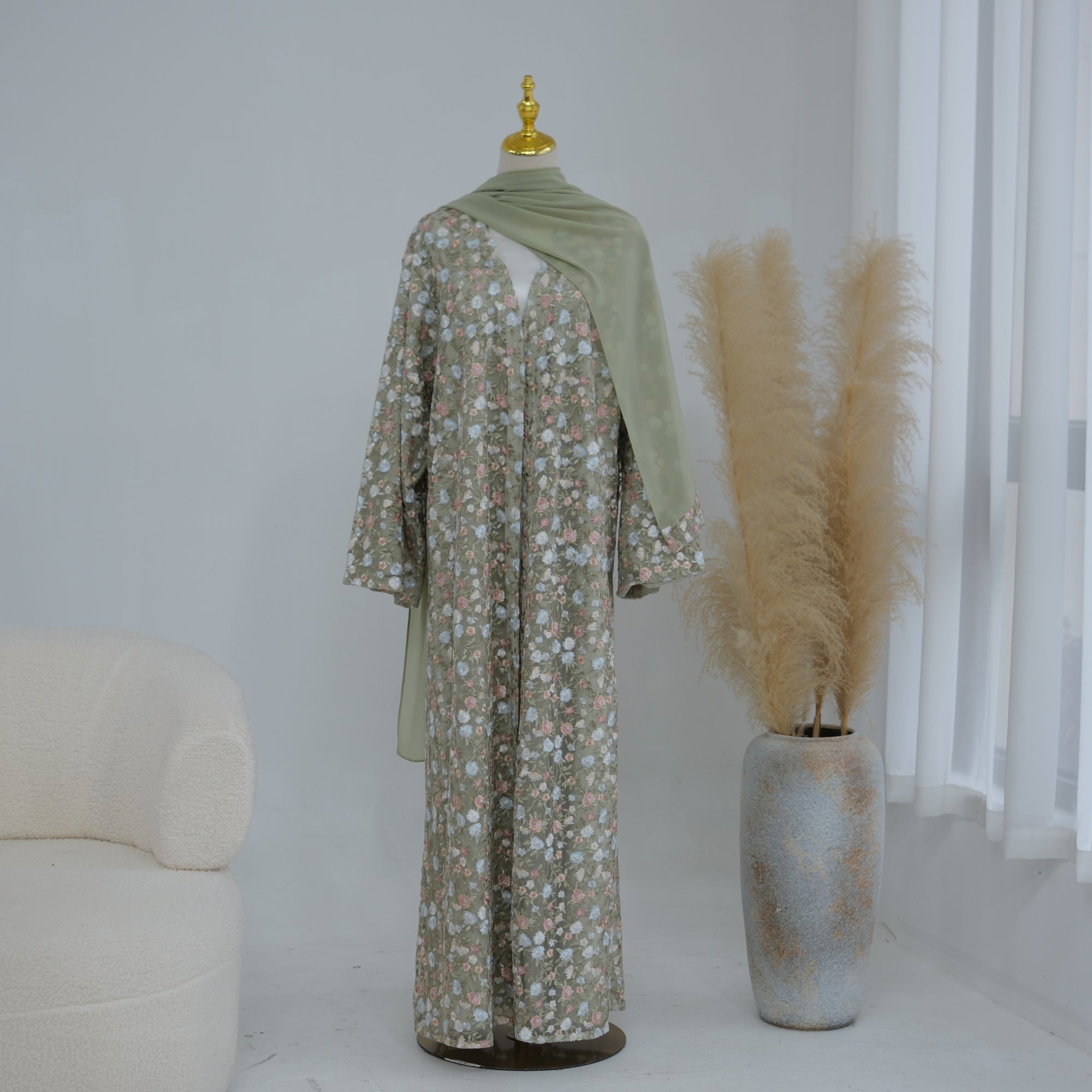 Large-size full-body floral embroidery double-layer cardigan + scarf LR1188